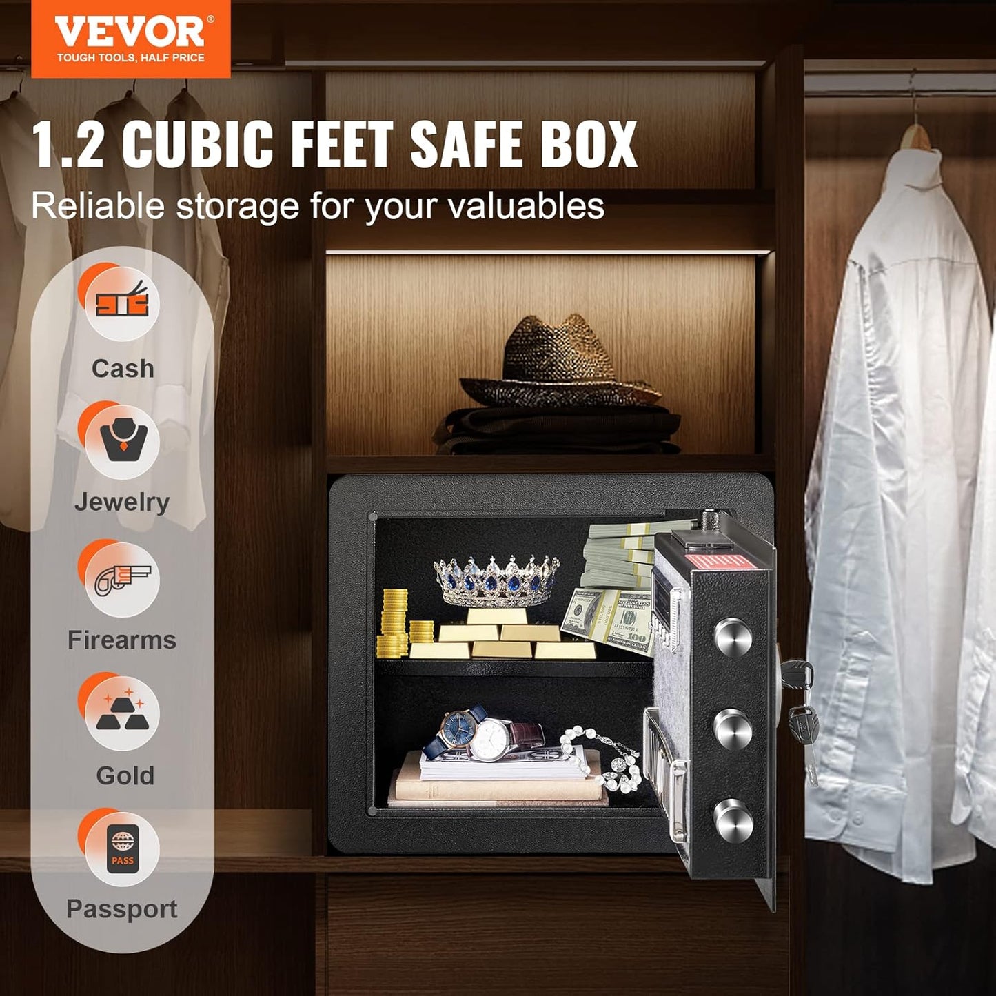 VEVOR Steel Security Safe - 1.2 Cubic Feet, Digital Keypad & 2 Keys, Fire-proof Bag, Protect Cash, Gold, Jewelry, Documents - 15.8x11.8x13.8 inches