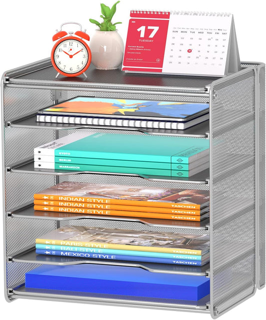 Samstar Paper Letter Tray, Metal Desk File Organizer with 5 Tier Shelf and Sorter,Silver