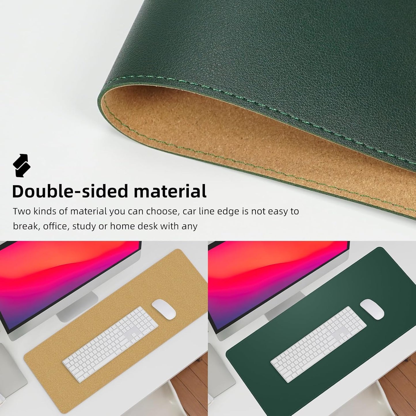 Leather Desk pad Protector, Large Desk mat with Natural Cork & PU Leather,Mouse pad,Non-Slip Office Desk Mat,Waterproof Desk Writing Pad for Office and Home (35in*17in, Dark Green)