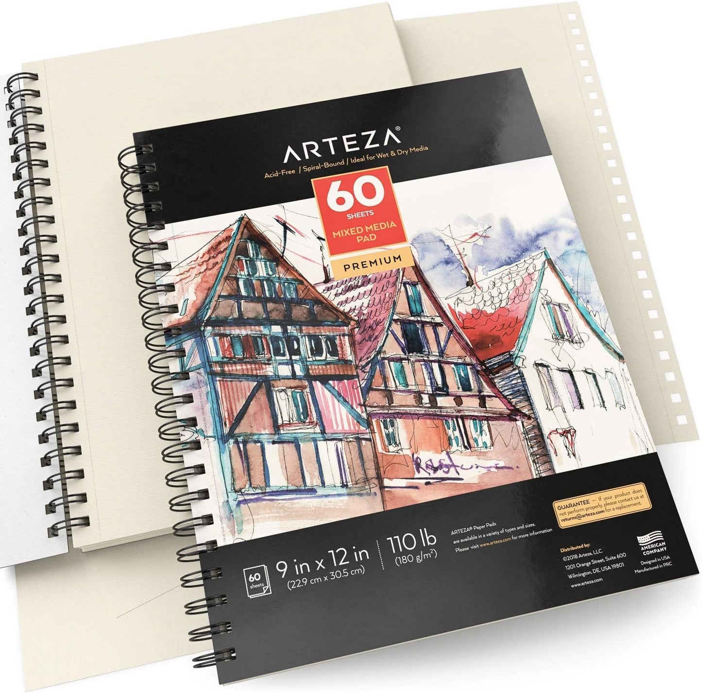 ARTEZA Mixed Media Sketchbook, 9x12 Inches – 2-Pack, 60 Spiral-Bound Sheets, 110 lb Acid-Free Paper for Wet & Dry Media: Acrylic, Ink, Pencil & More