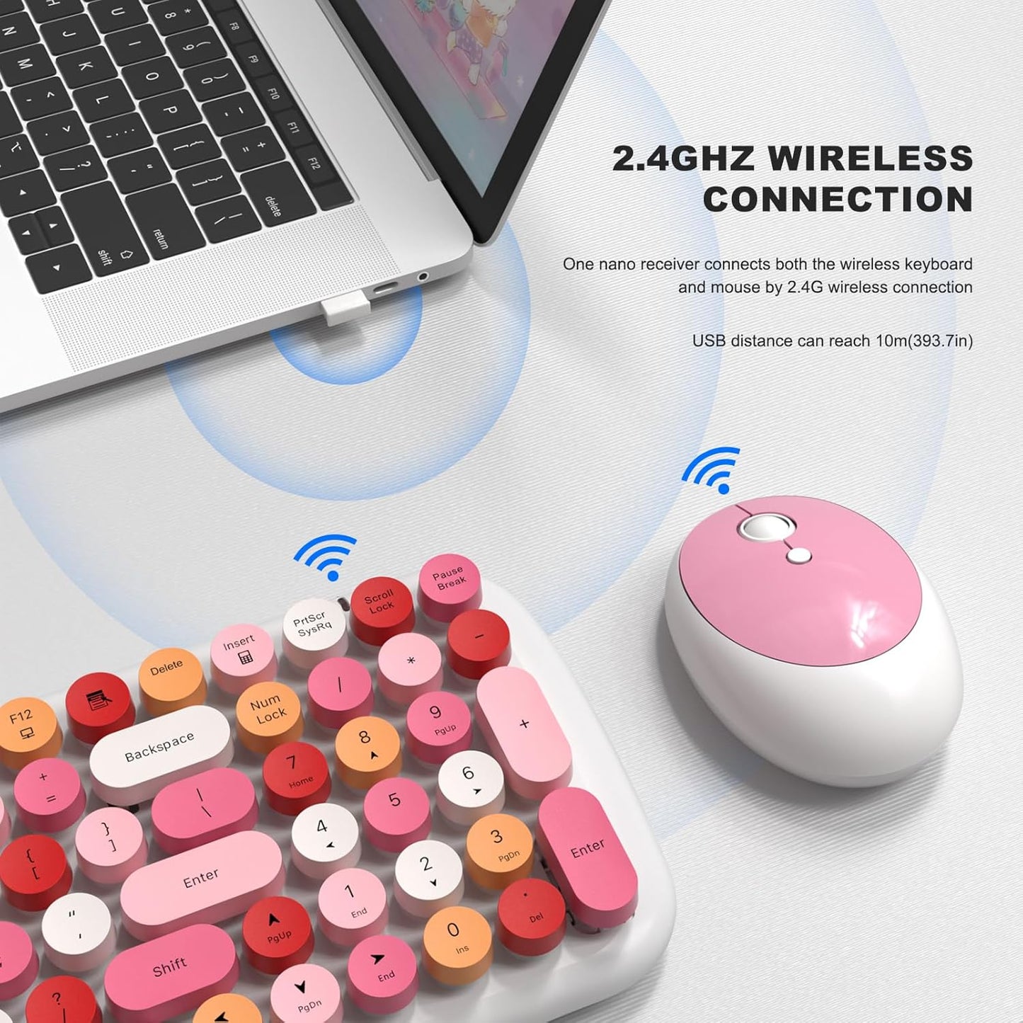 Wireless Keyboard and Mouse Combo, MOWUX - Modern Compact Layout, Colorful Compact Candy Mouse and Retro Round Keyboard Set with Cover, for PC/Laptop/Windows/Mac - White Pink Colorful