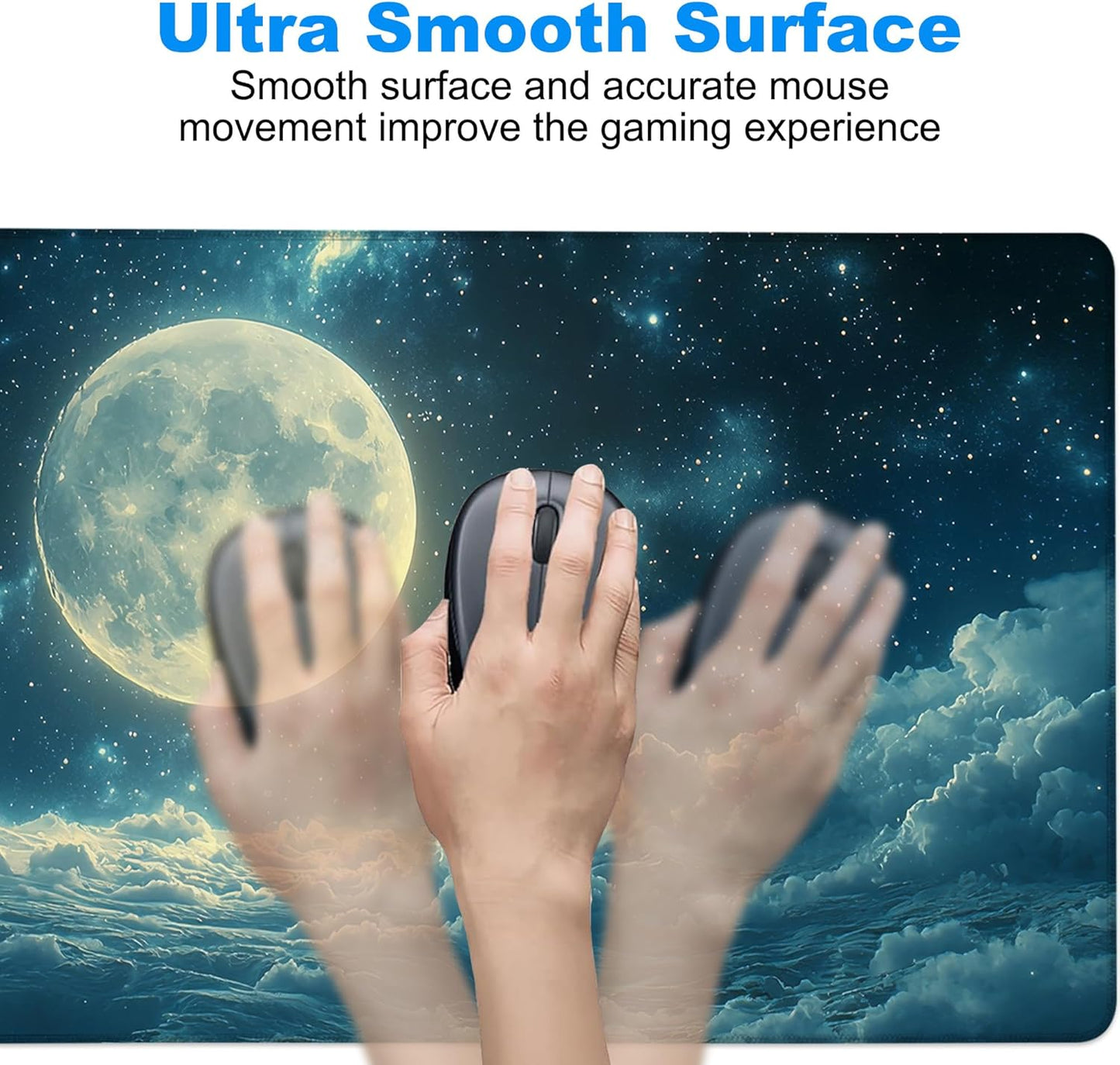 Desk Mat, Moon Floating in Sea Stars Clouds Large Gaming Mouse Pad with Non-Slip Base Stitched Edges,Desk pad for Keyboard and Mouse Home Office 35.4"x15.7"