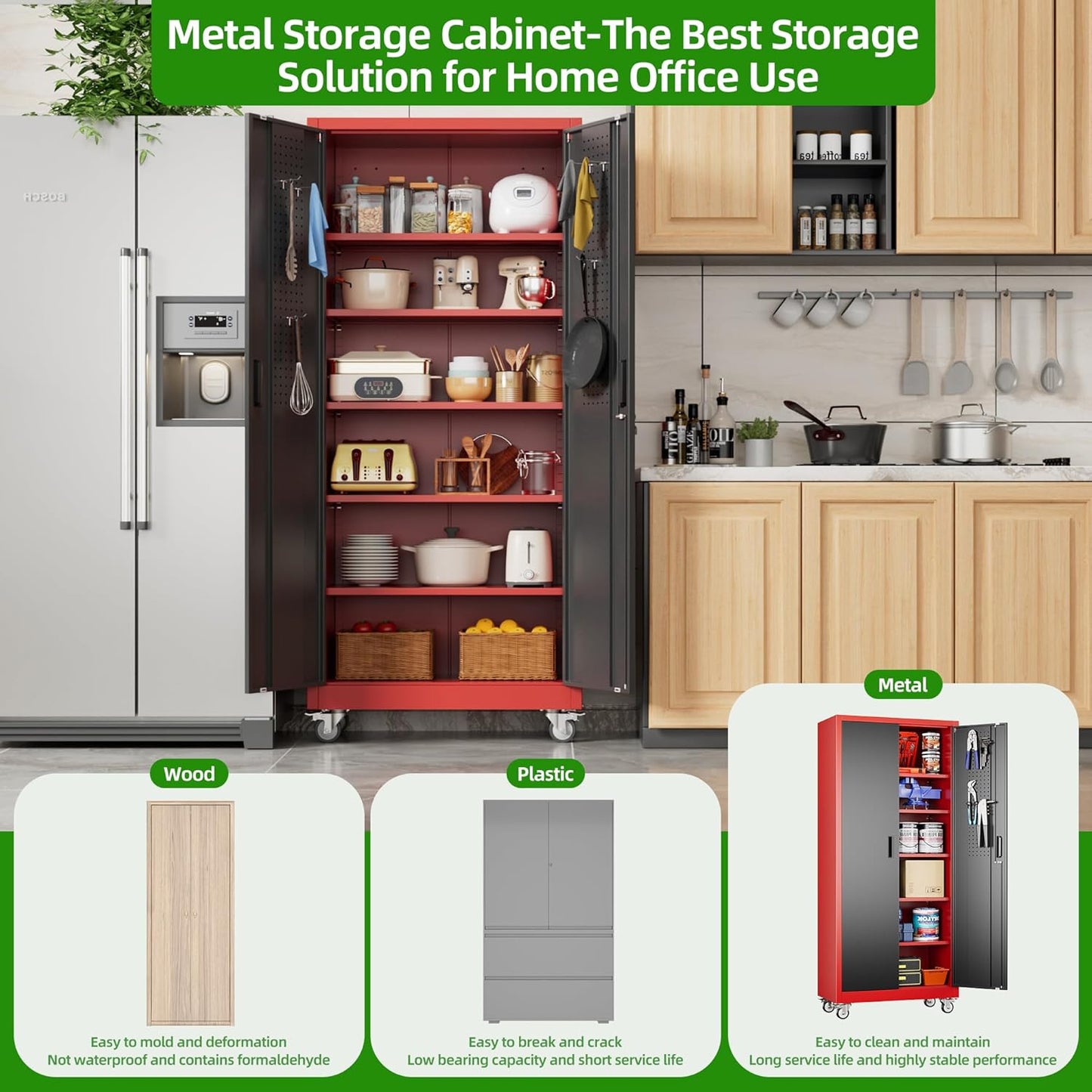 Aobabo Upgraded Garage Storage Cabinets with Wheels,Metal Storage Cabinets with 5 Adjustable Shelves for Garage Home Office Storage, Red-Black,71''H*32''W*16''D,Assembly Required