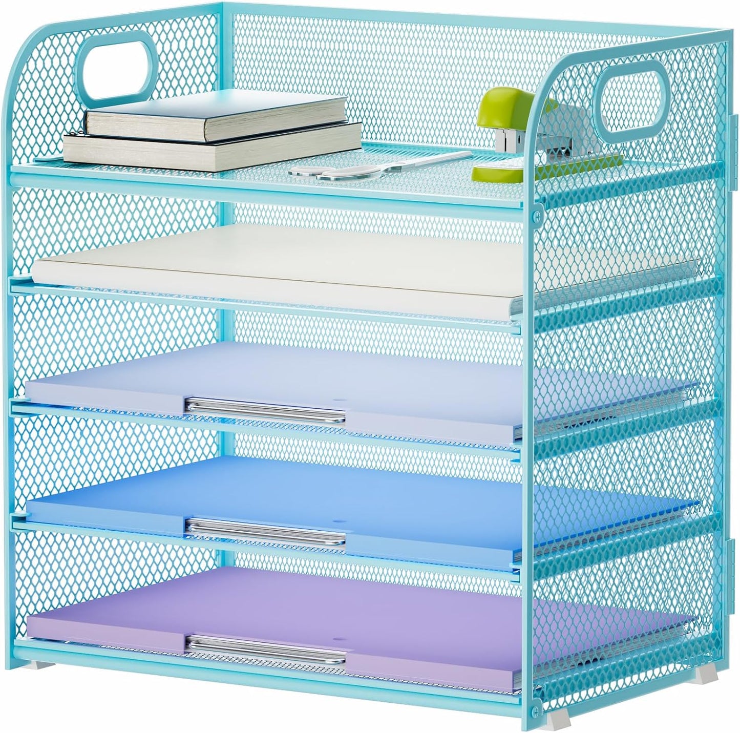 Marbrasse Paper Organizer Letter Tray, 5 Tier Mesh File Organizer with Handle, Paper Sorter Desk Organizer for Home Office Supplies - Blue