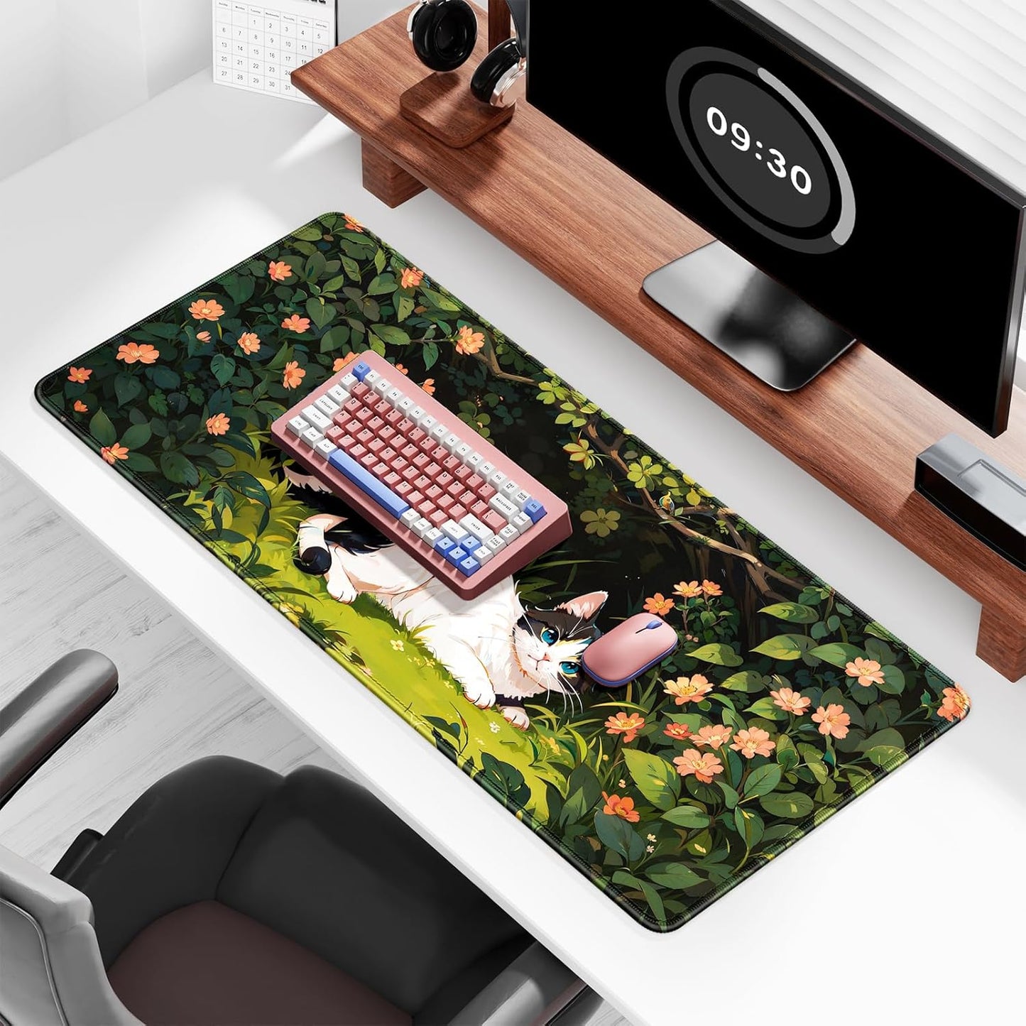 Auhoahsil Large Mouse Pad, XXL Gaming Mousepad, Desk Mat for Desktop, Thick Rubber, Big & Long Size, Stitched Edges, Full Desk Pad for Laptop & Computer, Extended 35.4 x 15.7 in, Cat Shrubbery