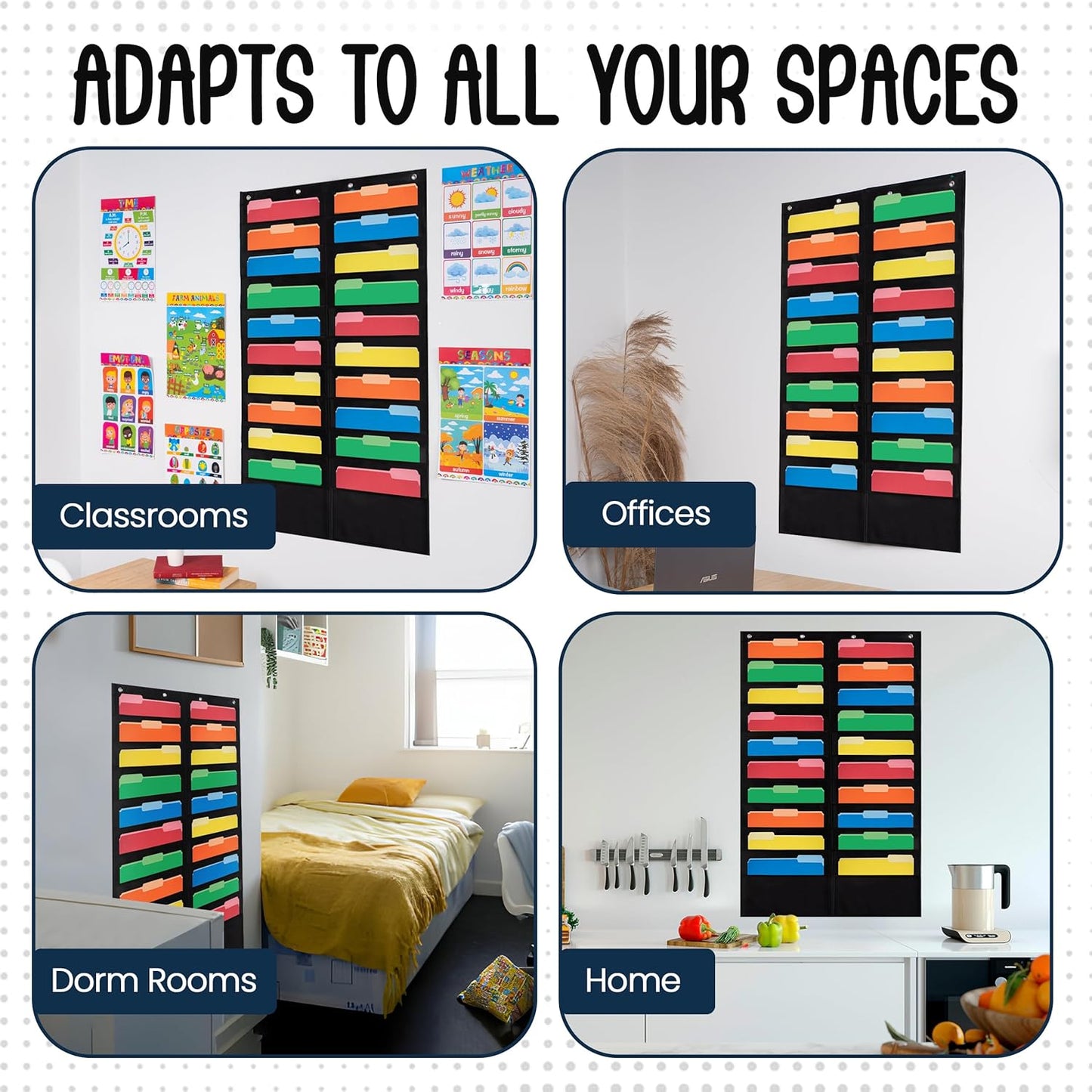 Essex Wares - 20 Pocket File Pocket Chart, Black, 28" Wide x 46" Tall - Versatile Wall Hanging File Folder Organizer for Classroom, Office, Home, and More - Wall Folder Organizer - 20 Pockets