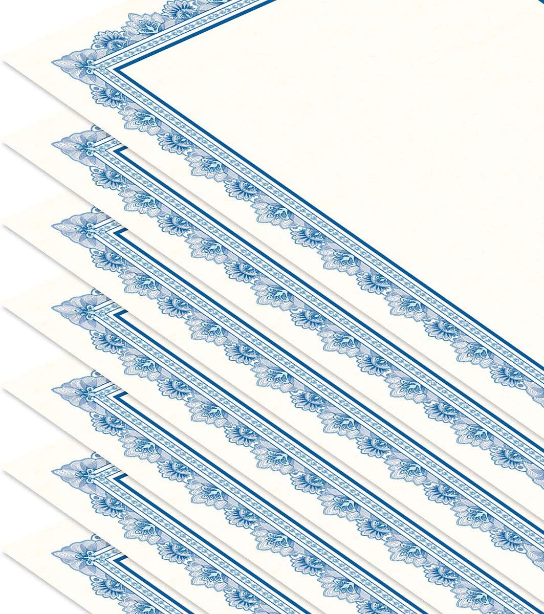 Intricate Blue & White Parchment Certificate Papers - Pack of 100, Laser & Inkjet Printer Compatible, For Office, Business Awards, Graduation, School Diplomas, 8-1/2" x 11" on 60 lb. Text Stock