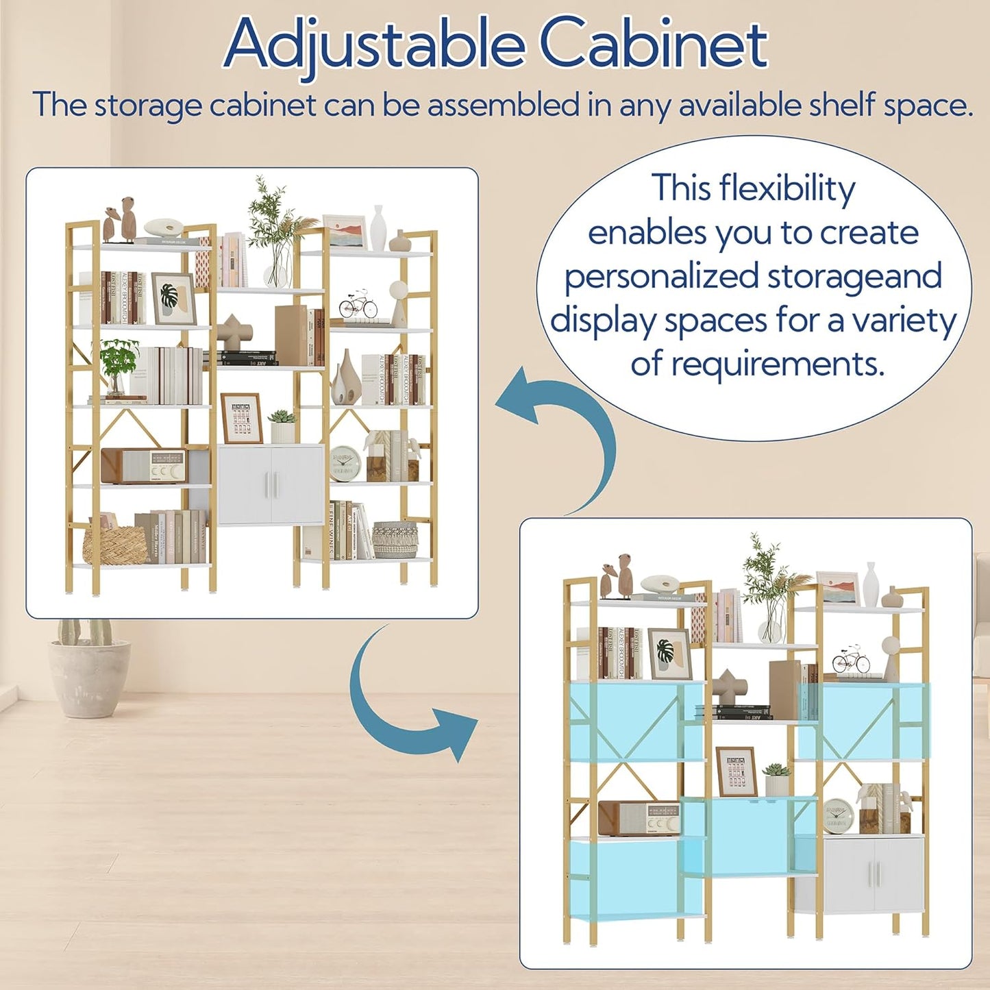 Yusong Bookshelf Triple Wide 5 Tier Bookcases with Storage Cabinet, Industrial Large Modern Tall Bookshelves with 12 Open Display Shelves for Living Room Office Bedroom, White and Gold