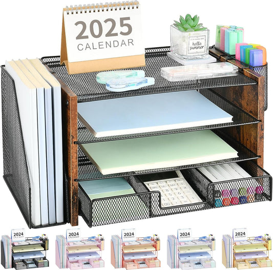 Desk Organizer and Accessories, 4-Tier Desktop File Organizer with Drawer and 2 Pen Holders, Office Desk Accessories for Office Supplies(Wood)