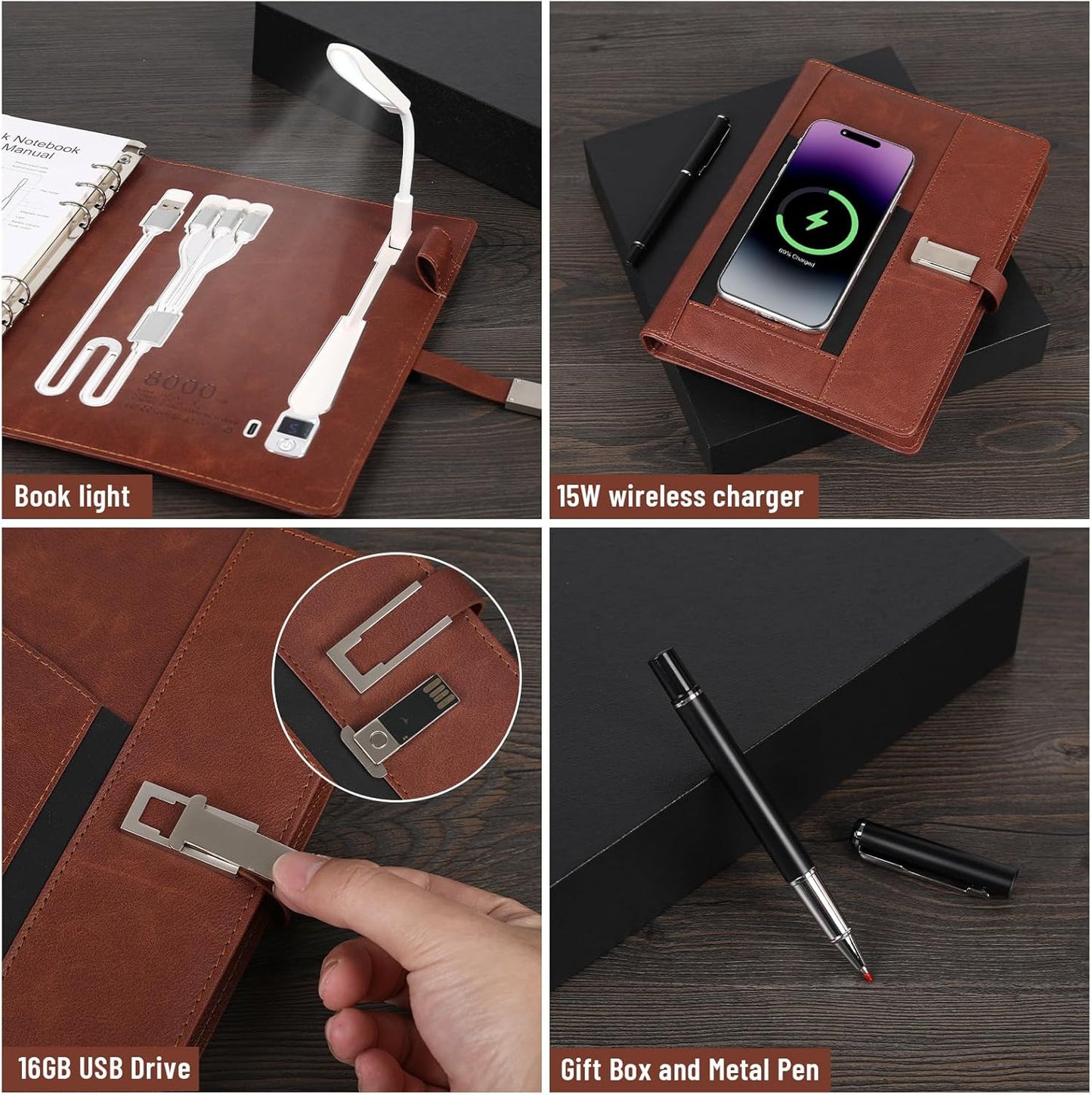 Notebooks for Work Leather&Refillable Notebook with Book Light,Traveler Notebook with 8000mAh Power Bank,Card Holder,16G Thumb Drive,Provide Pen and Gift Box,Business,School,Travel