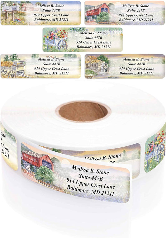 Rural America Assorted Country Scenes Personalized Return Address Labels with Dispenser - Roll of 500 Custom Labels