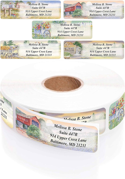 Rural America Assorted Country Scenes Personalized Return Address Labels with Dispenser - Roll of 250 Custom Labels