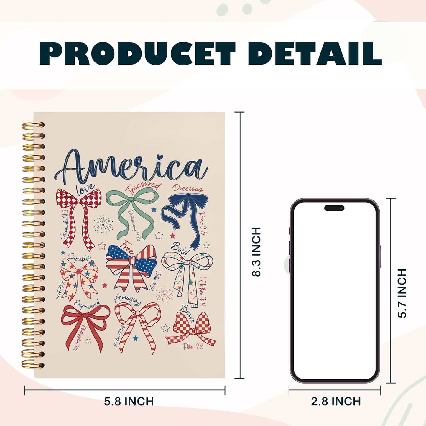 BearCake America Patriotic Christian Notebook Journal, Retro Coquette Red White Blue Bow Prayer Journal for Women, 4th of July Bow Religious Hardcover Spiral Notebook 5.5x8.3