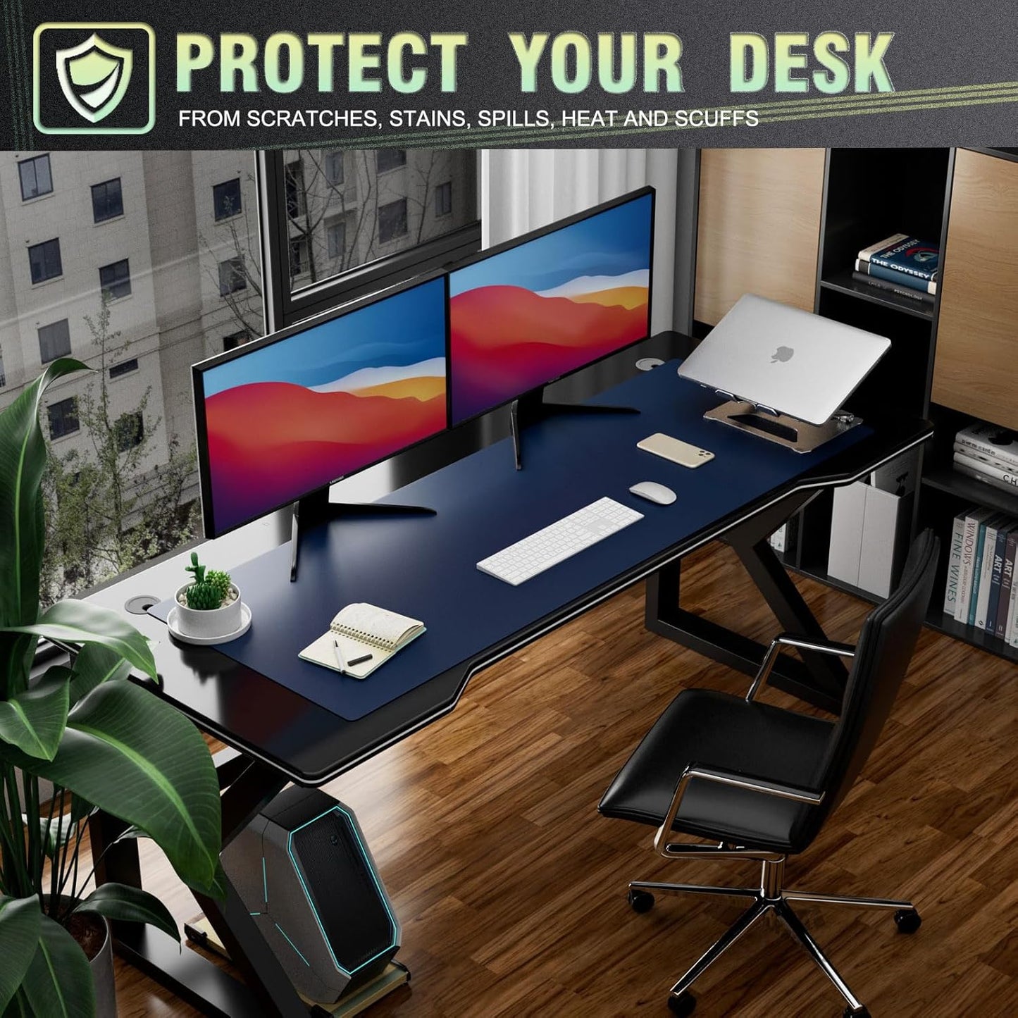 K KNODEL Large Office Leather Desk Mat, Mouse and Keyboard Pad, Computer and Laptop Mat, Desktop Protector and Cover, Writing Pad and Blotter (47.2"x17", Dark Blue)