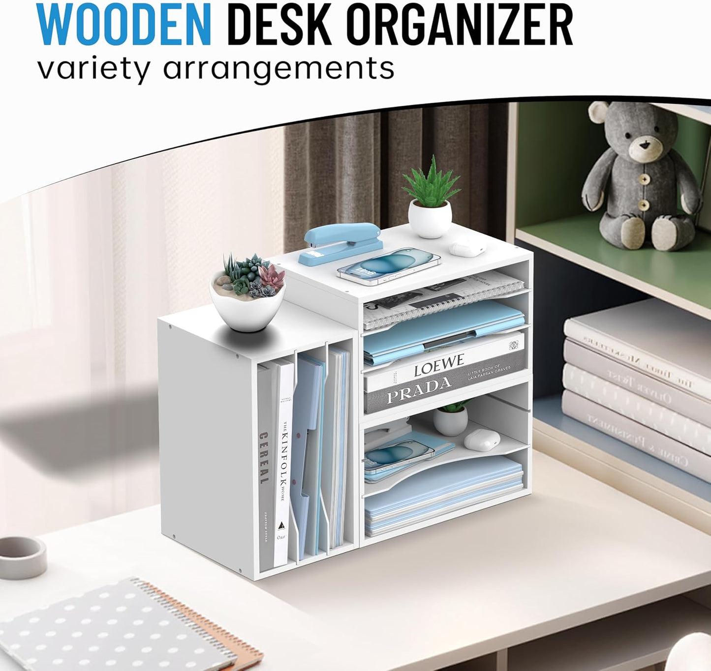 Wood Desk Organizer, 3 Tier Paper Tray Organizer for Desk with Adjustable Storage Shelves, Desktop Paper Sorter Mail Holder for Office Home Classroom, White