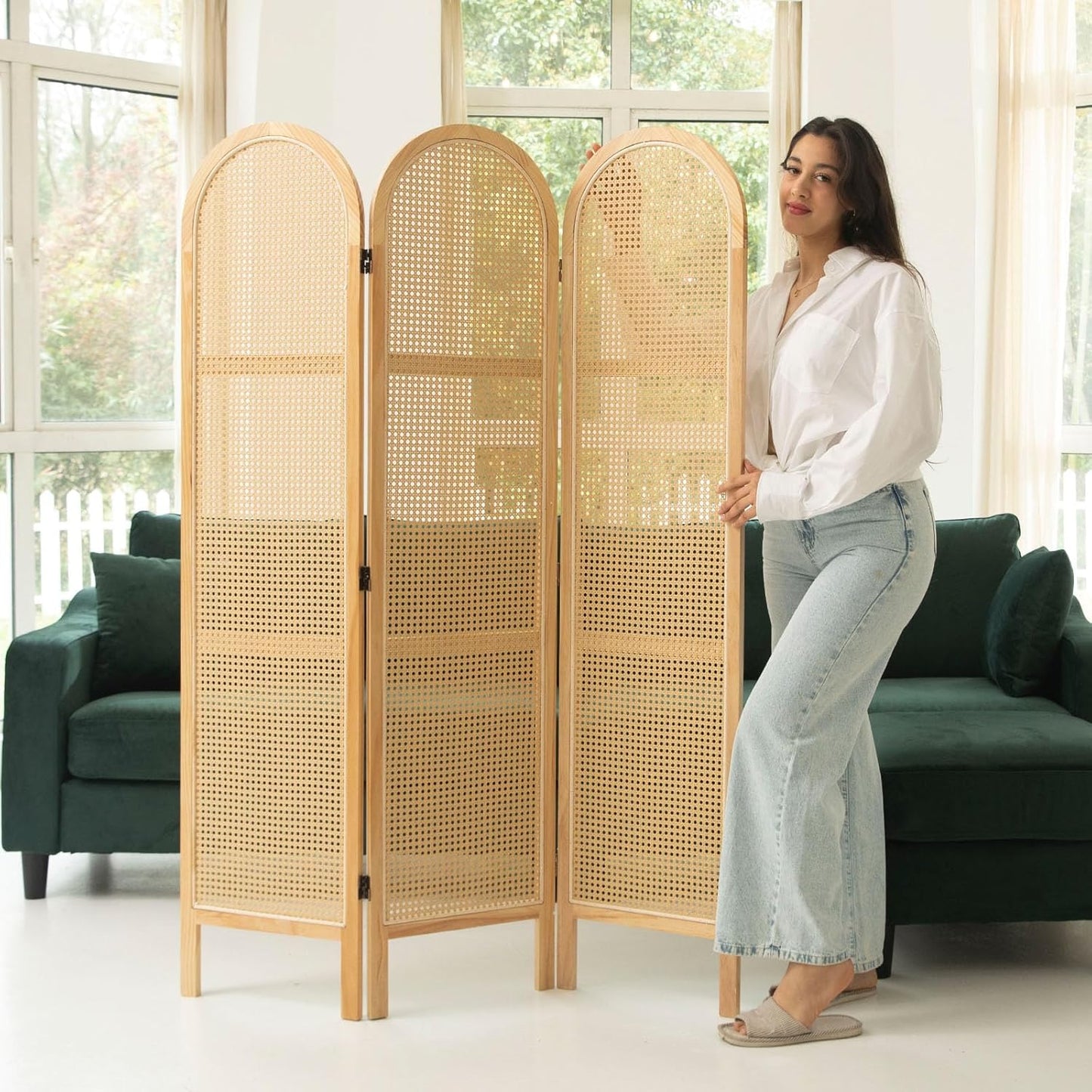 Room Dividers and Folding Privacy Screens, Pine Wood 5.6 Ft Double Hinged Rattan Partition Freestanding Wall Room Divider for Home - 3 Panels (Natural)