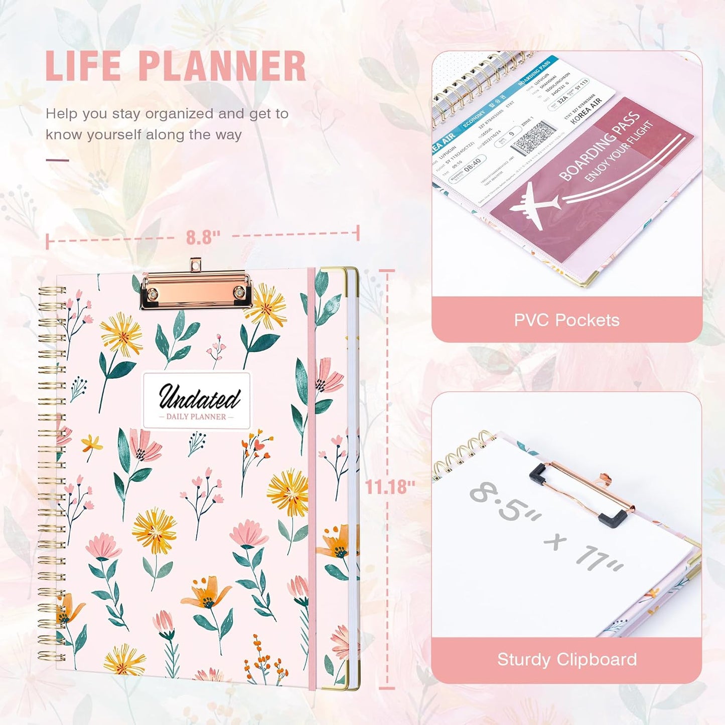 Ospelelf Undated Spiral Bound Planner 2025 Daily, Weekly and Monthly Planner, Pink Teacher Planner 12 Month 8.5 x 11
