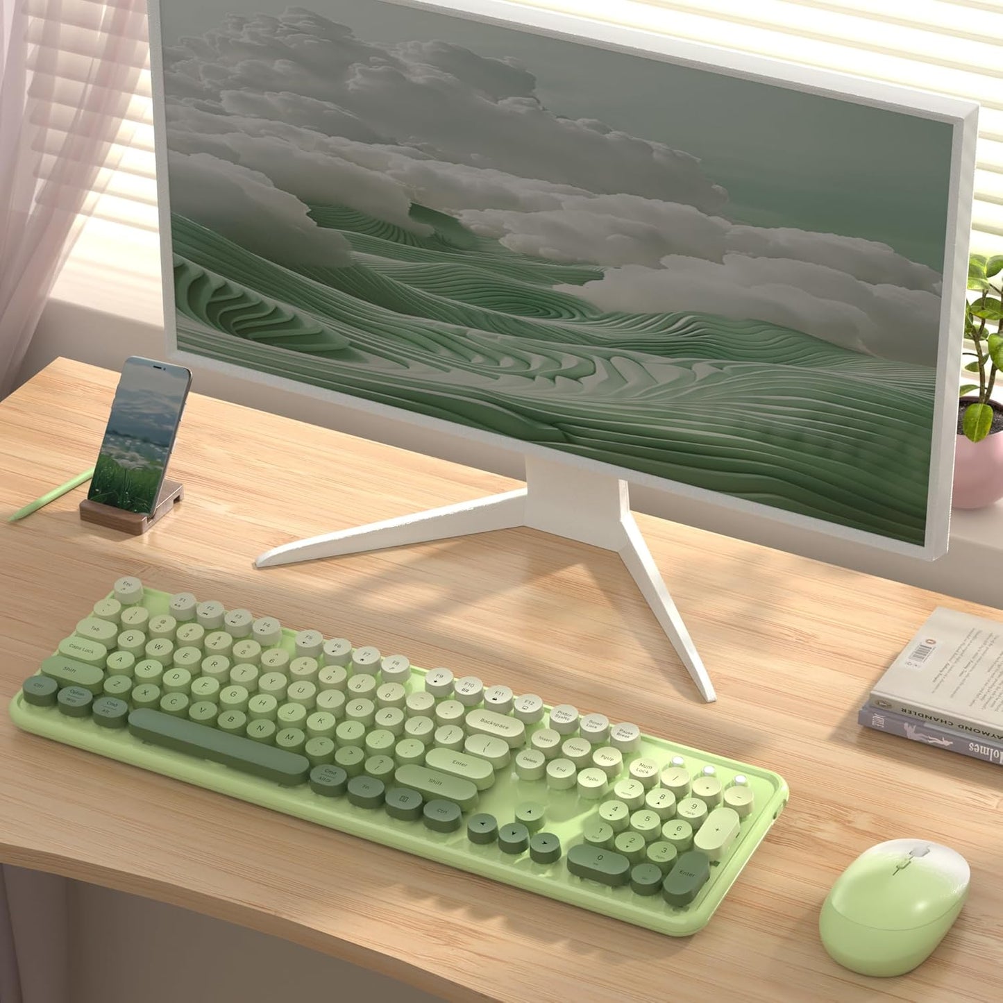 Colorful Wireless Keyboard and Mouse Combo, COVEVA 2.4GHz Wireless Retro Cute Round Keycaps Keyboard, 104 Keys Full-Sized Keyboard Mouse Set with Switch Button for PC Laptop Desktop (Green Gradient)