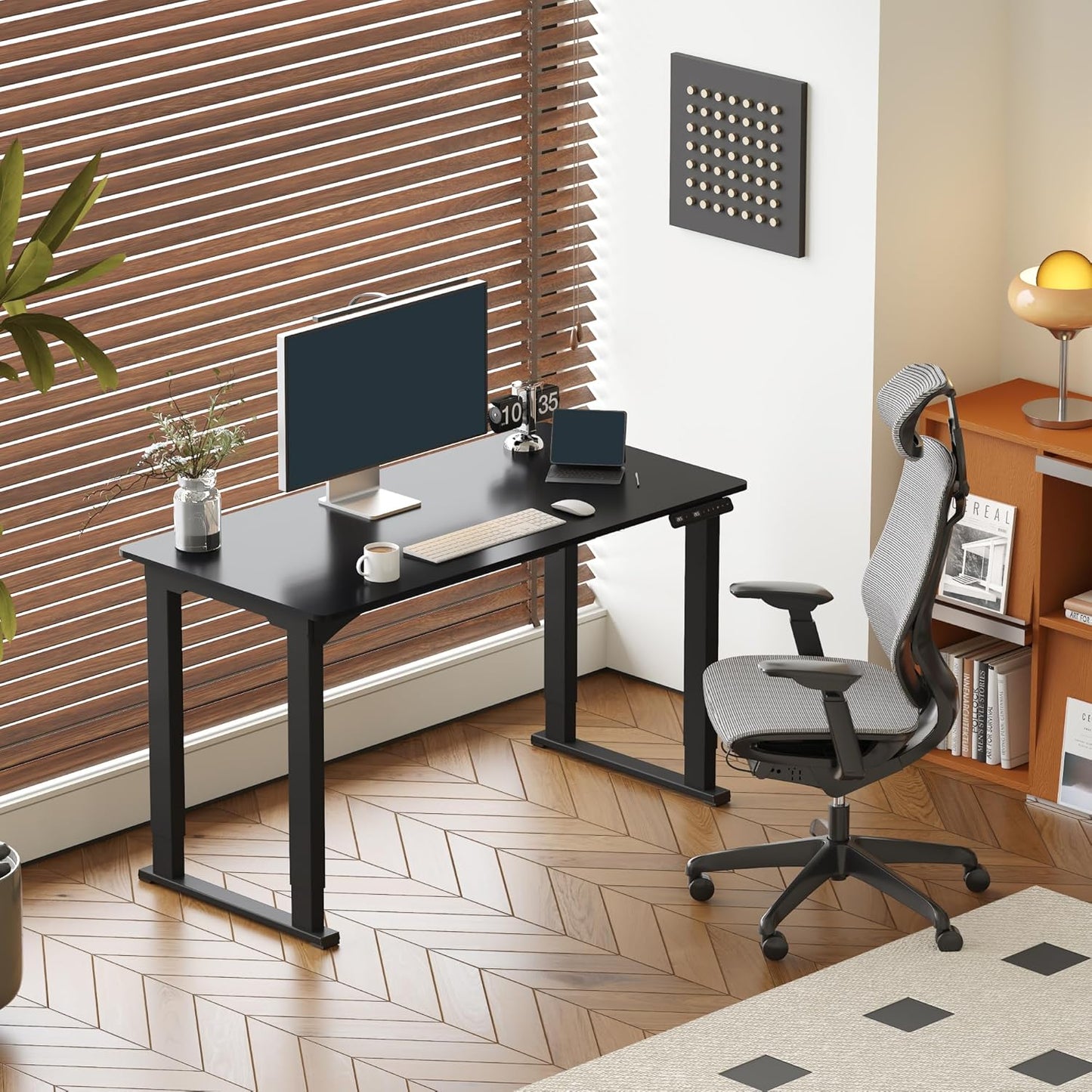 SANODESK 4-Leg Standing Desk, Electric Height Adjustable Desk with Memory Presets for Home Office, Stand up Desk Computer Workstation, 55x28 Inches Black