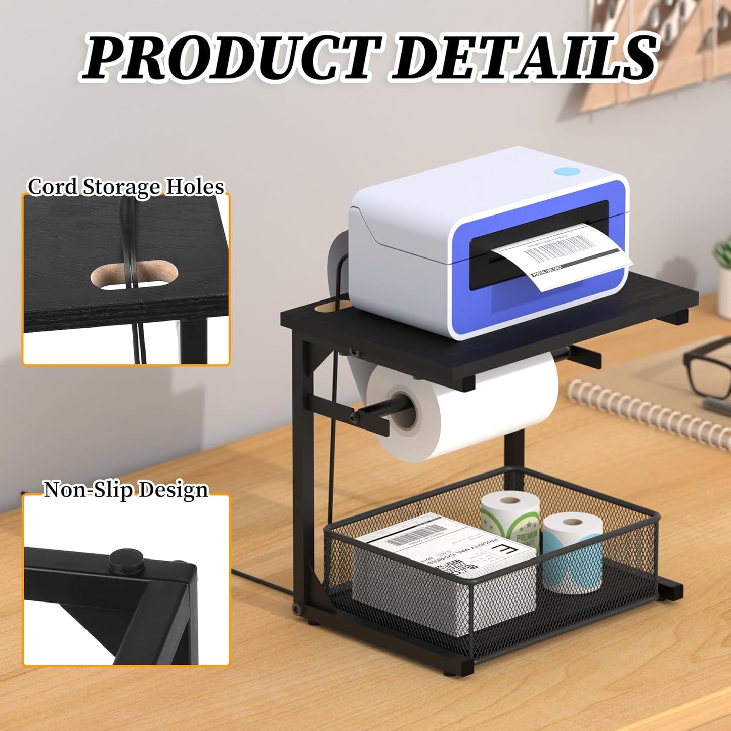 Label Holder for Rolls and Fan-Fold Labels, Shipping Thermal Label Holder with Drawer for Desktop Thermal Printer, Sticker Roll Holder, Label Printer Accessory Supplies for Home, Office Small Business