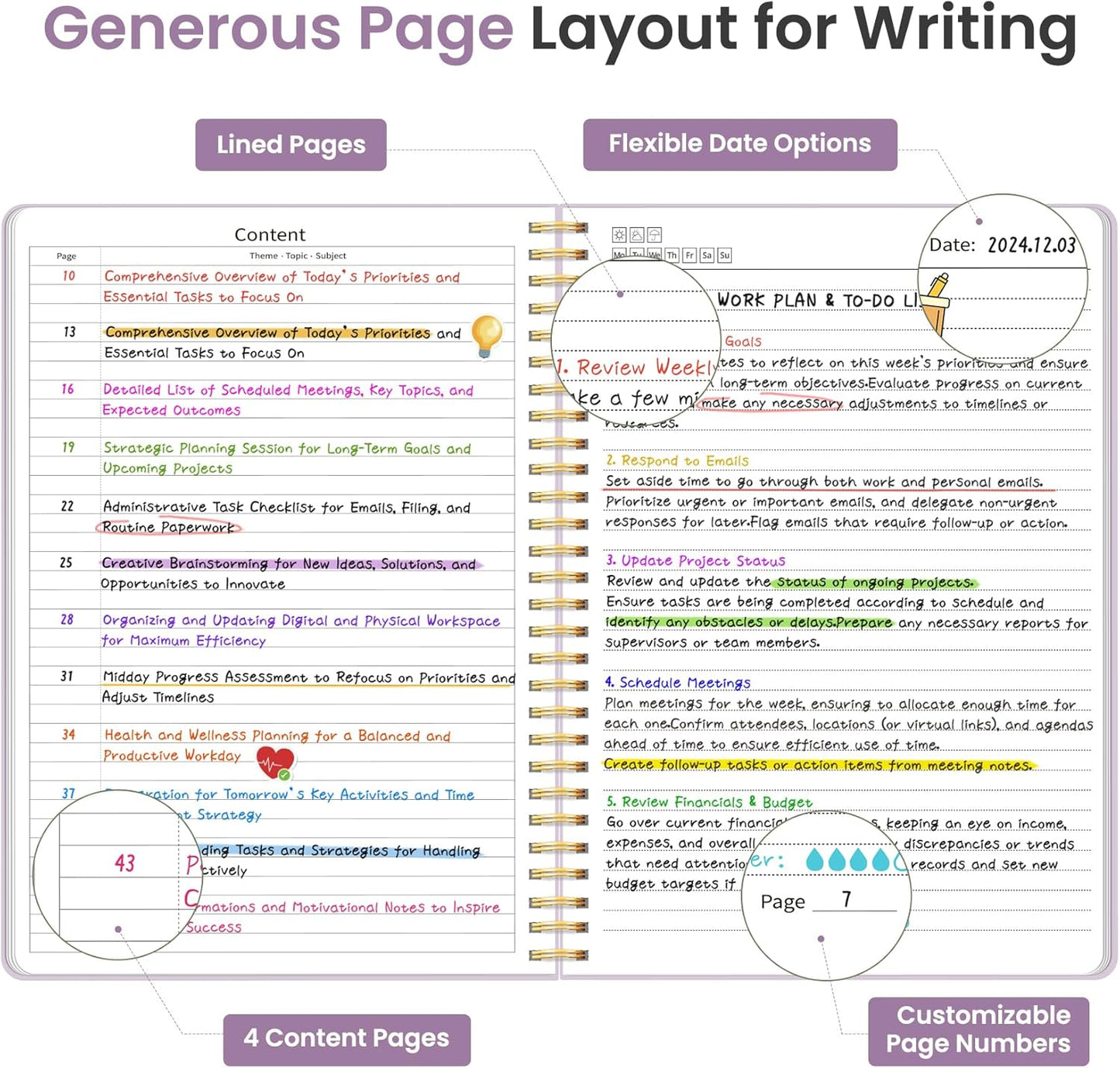 Taja Spiral Lined Notebook, 8.5"x11" Notebooks for Work, Large A4 Journal for Women & Men, College Ruled Journaling Notebook for Writing, Plastic Cover Spiral Journal, Lilac