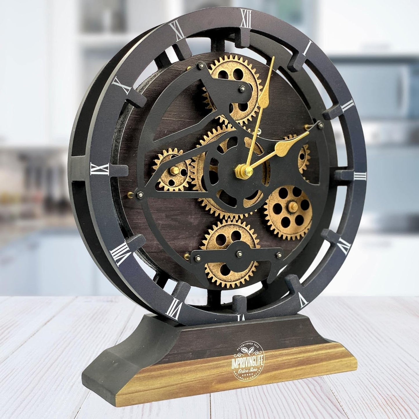The Gears Clock Desk Clock 10 inches with Real Moving Gears Convertible into Wall Clock (Vintage Black)