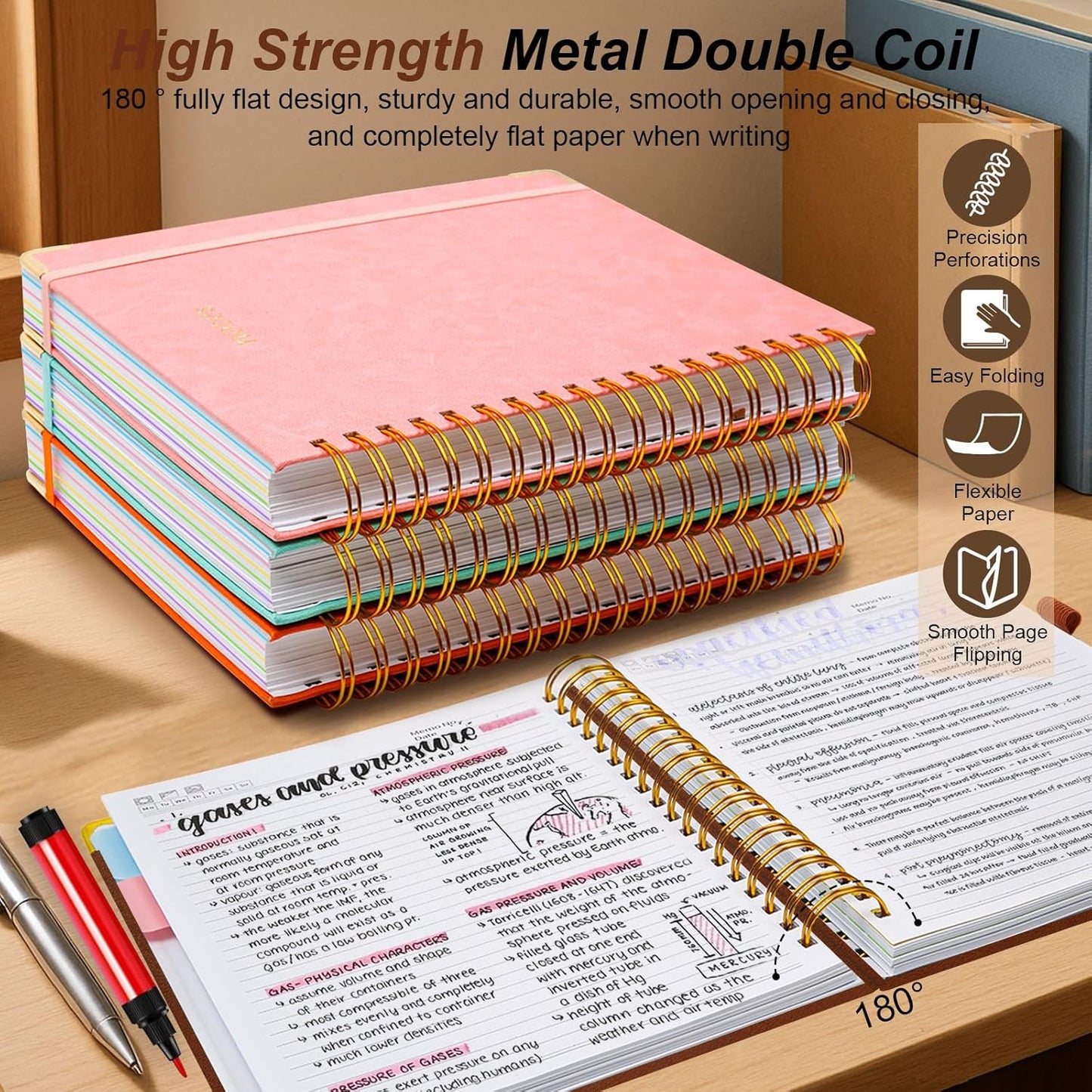 Hardcover Spiral Notebook 8"x10" Journal Notebook with Tabs and Removable Dividers 300 Pages 5 Subject Notebook College Ruled, Faux Leather Spiral Bound Notebook for Women, Students, School Work (Brown)