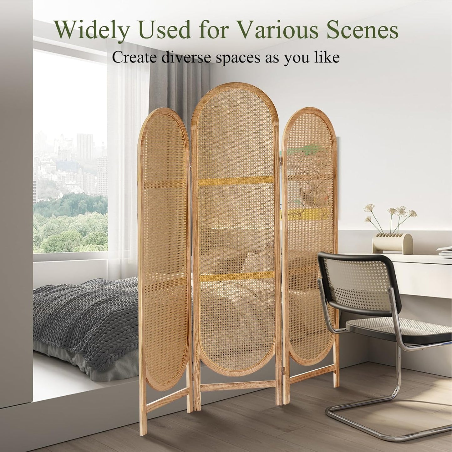 Room Divider Panel, 3 Panel Roomdivider Wall, Wood Room Dividers and Folding Privacy Screens, Rattan Partition Room Dividers, Privacy Dividers for Rooms, Bedroom, Dining Room, Light Brown