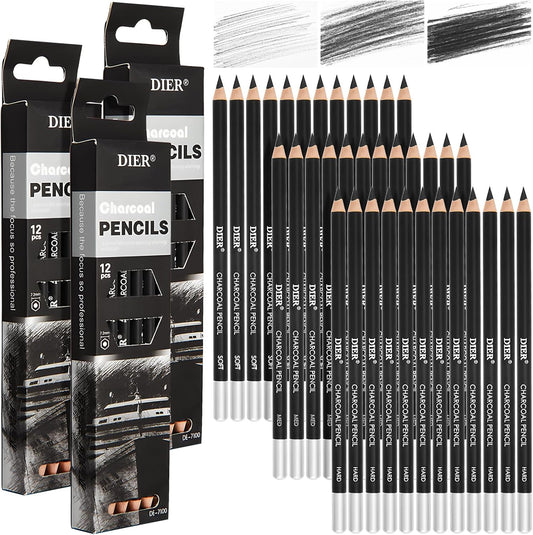 Geyoga 36 Pcs Professional Charcoal Pencils Soft, Medium and Hard for Drawing Charcoal Pencils for Sketching Shading Drawing Blending Portrait (Black,Assorted)