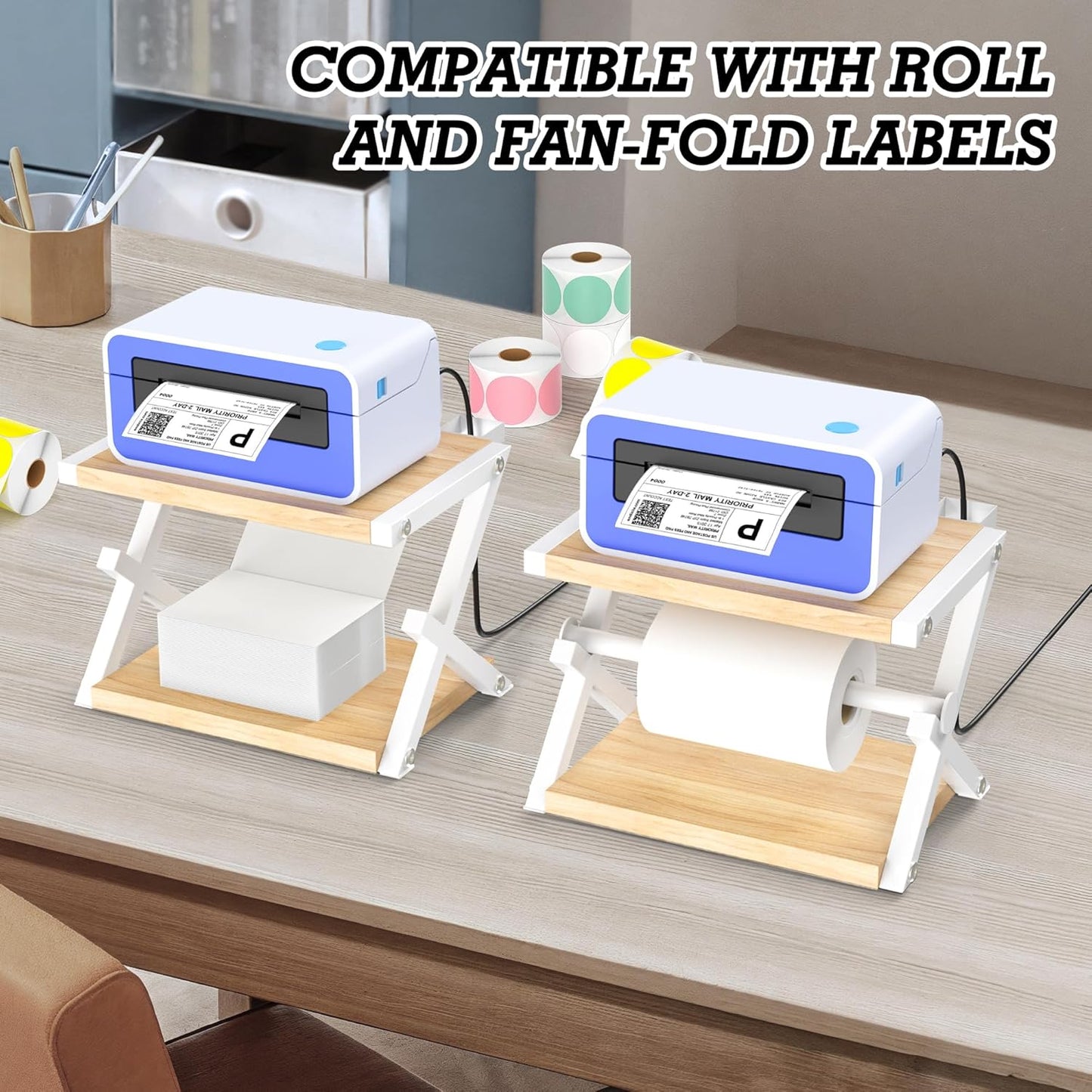 Alyoen Label Holder for Rolls and Fan-Fold Labels, Thermal Shipping Label Holder for Thermal Printer, Desktop Label Printer Accessory Supplies for Home, Office, Small Business (Beige + White)