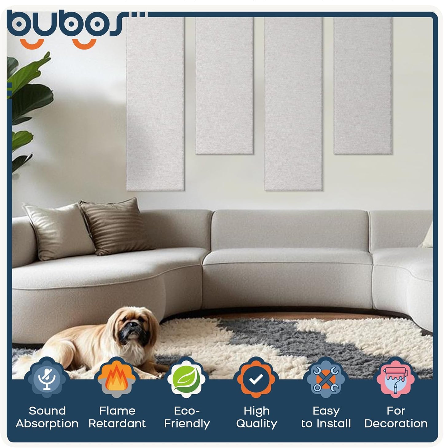 BUBOS 2 PCS Acoustic Panels,47.2''x11.8'' Fabric Soundproof Wall Panels,Self-adhesive Sound Absorbing Panels for Studios, Office, Home Theater, Fabric-Clad-N Linen