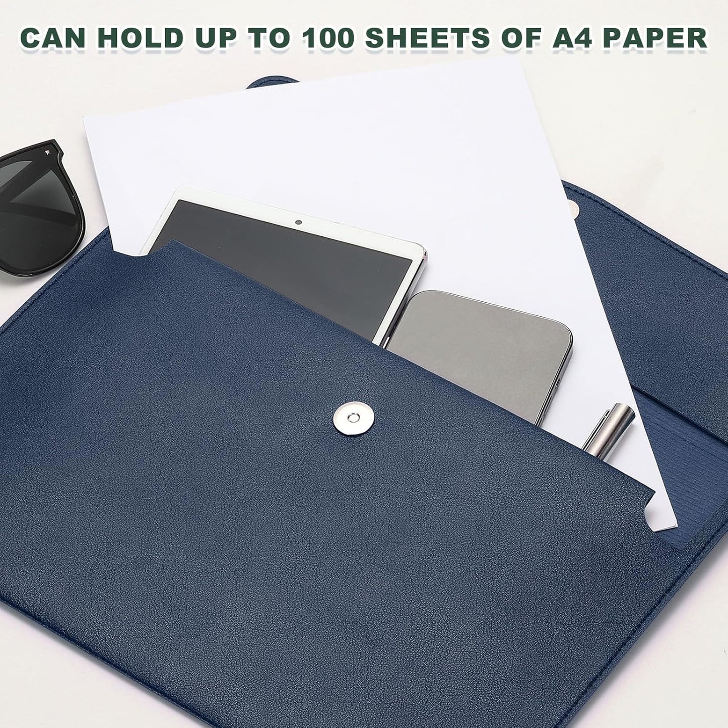 PATIKIL PU Leather A4 File Folder, Document Holder Filing Organizer Portfolio Envelope Folder Case with Snap Closure for Letter Receipt Style 2, Navy Blue