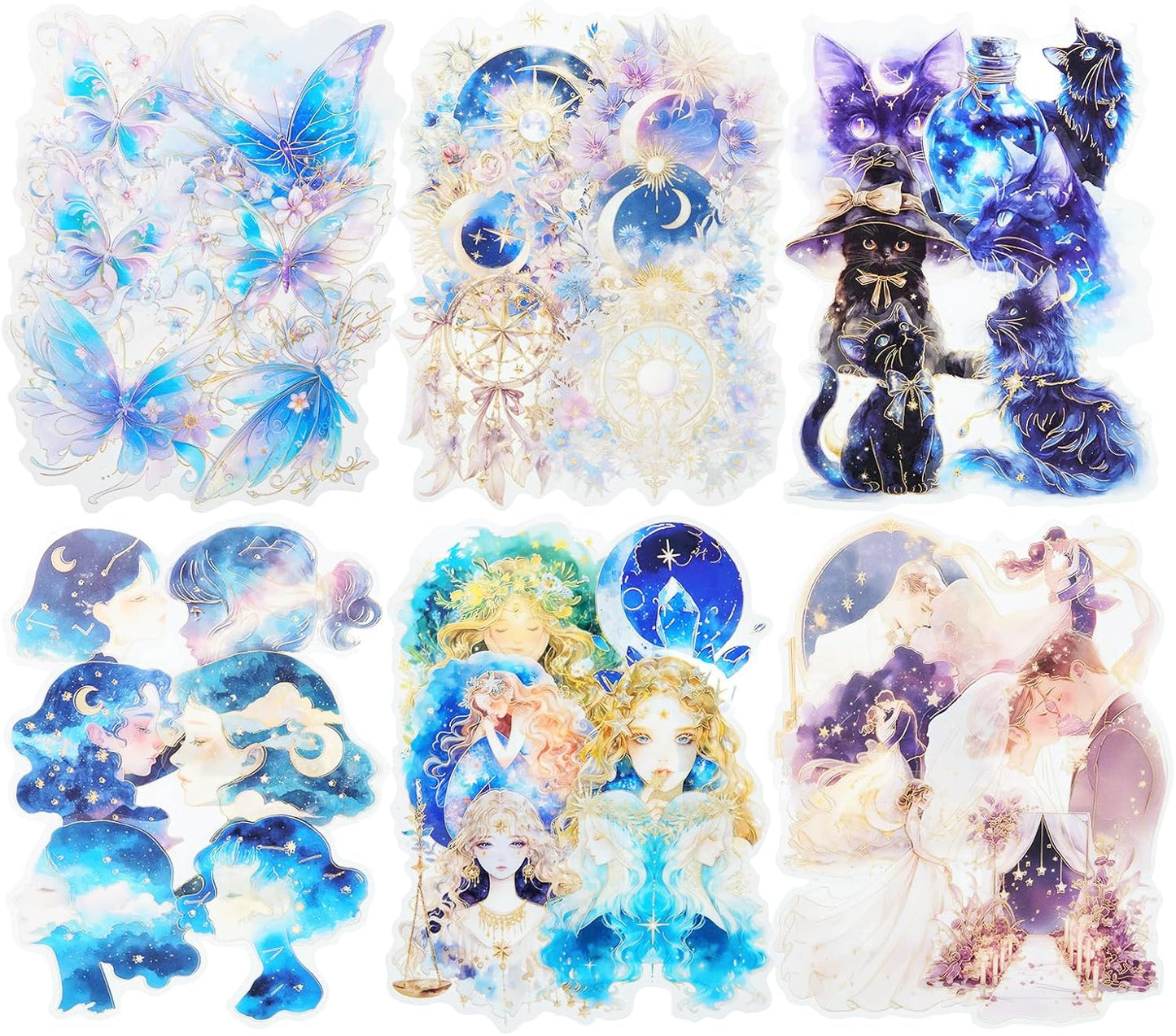 Fantasy Celestial PET Sticker Set, 60PCS Gold Foil Scrapbook Stickers for Journaling, Planners, DIY Crafts, and Art Supplies