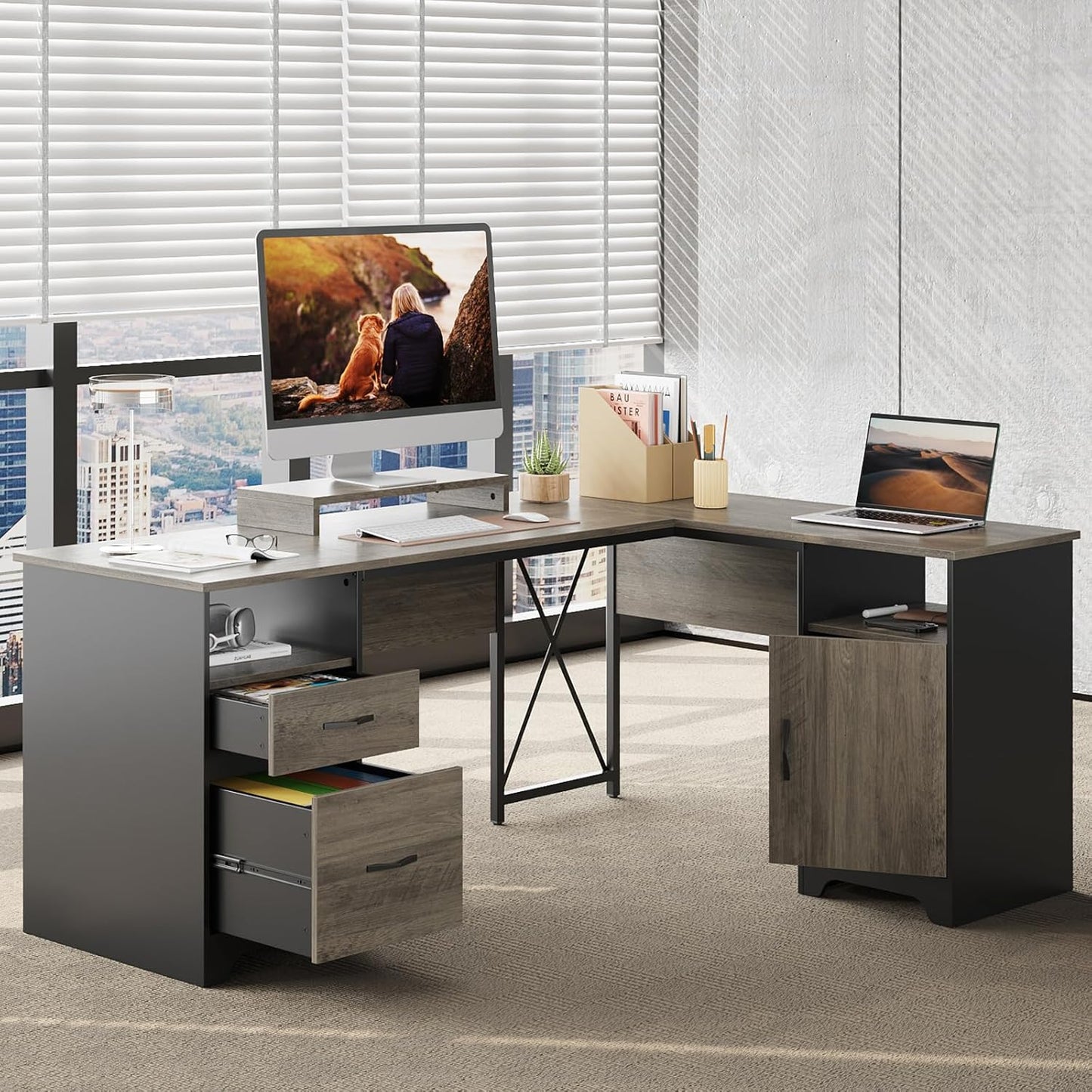 Bestier L Shaped Desk with File Drawers, 63" x 47" Office Computer Desk with Storage Cabinet, Corner Desk with Monitor Stand & Modesty Panel for Home Office, Gray