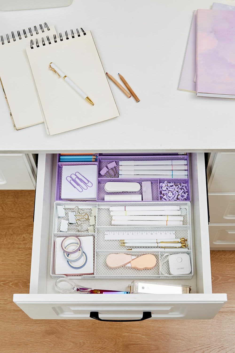 Annova Desk Drawer Organizer/Storage Tray - Metal Mesh with Dividers for Pens, Desktop Accessories, Bathroom, Kitchen, Makeup and Office Supplies (Small, Light Purple)