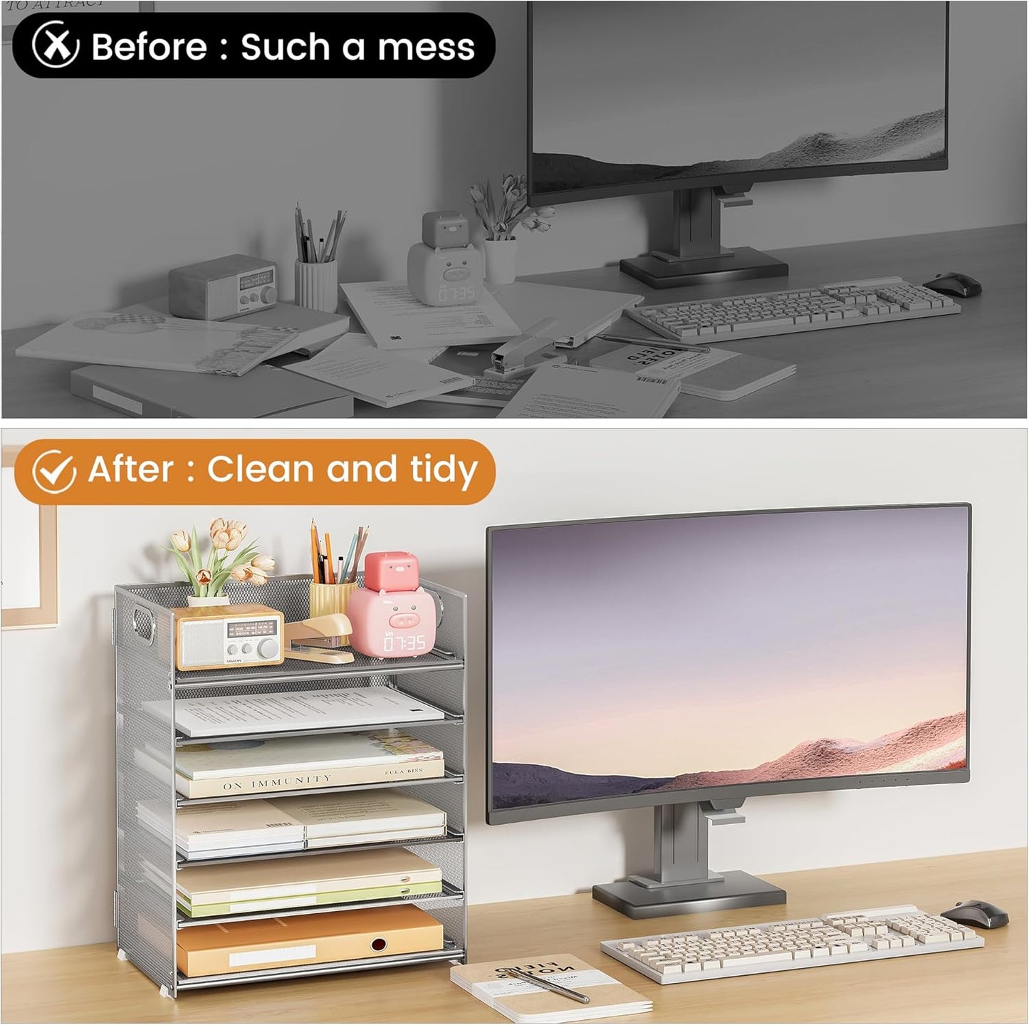 Subekyu 6-Tier Desk Paper Organizer, Desktop File Letter Tray with Handle, Document Sorter and Accessories Holder for Office, Home and School Workspace Organizers, Silver - 2 Pack