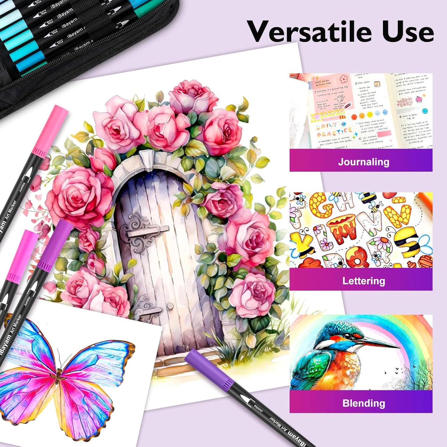 iBayam Art Markers Set, 72 Colors Dual Tip Brush Pens for Adult Coloring Book, Note-Taking, Calligraphy, Journaling, Sketching & Lettering, with Gift Case for Kids Adult Teens School Art Supplies