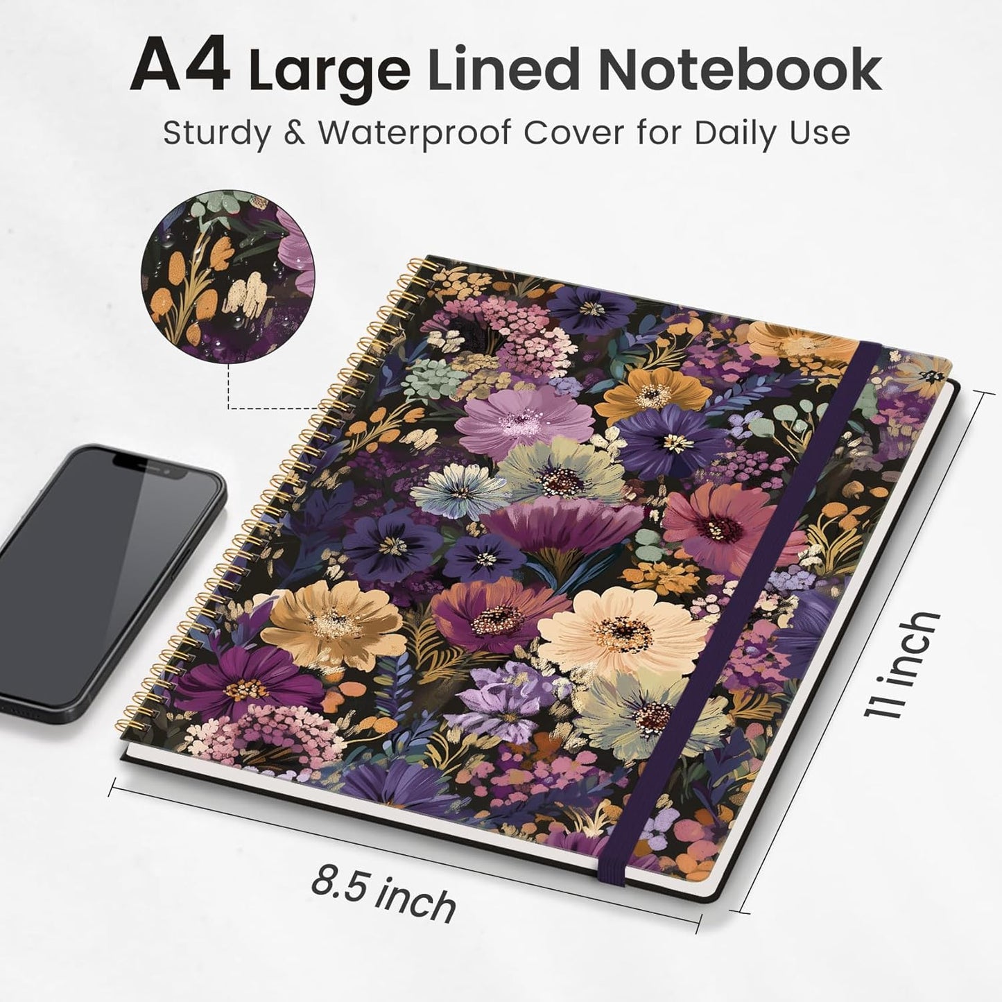 Taja Spiral Lined Notebook, 8.5"x11" Notebooks for Work, Large A4 Journal for Women & Men, College Ruled Journaling Notebook for Writing, Plastic Cover Spiral Journal, Midnight Bloom