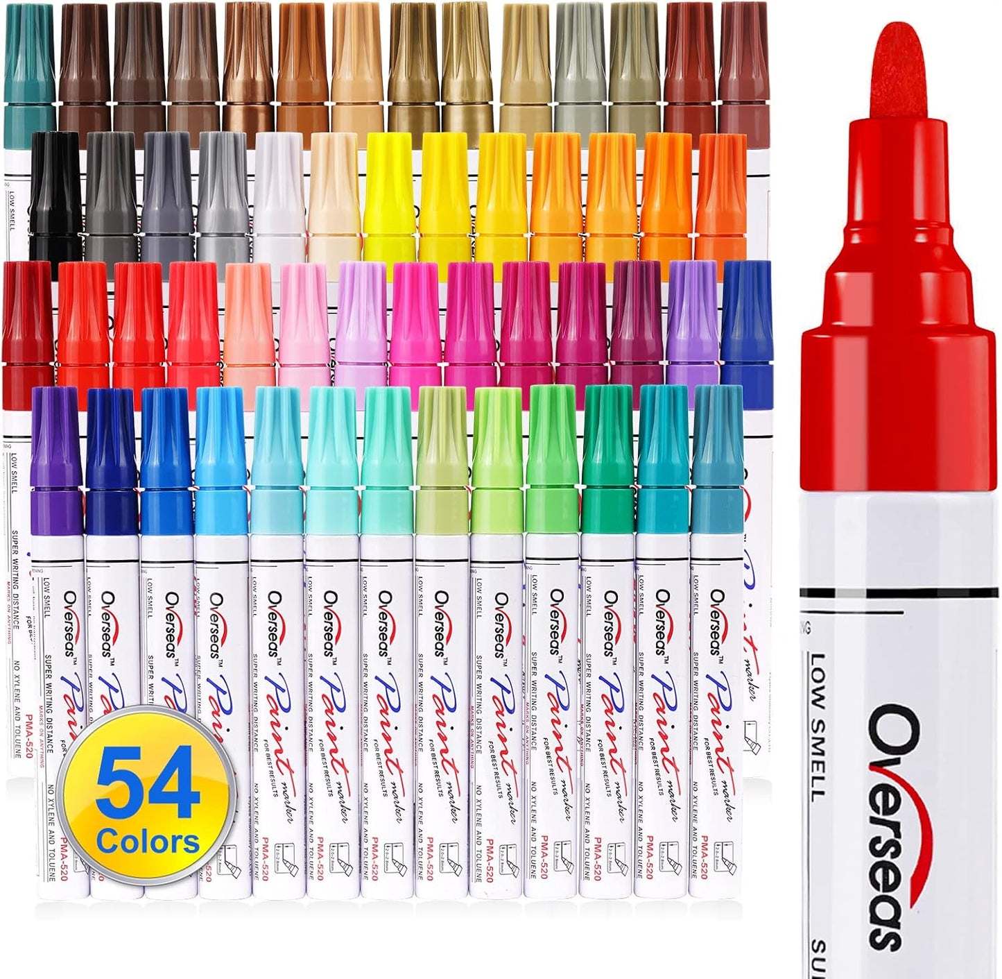 Overseas 54 Colors Paint Pens, Oil Based Assorted Colors Permanent Markers - Medium Tip, Quick Dry, Waterproof Paint Markers for Metal, Wood, Plastic, Rock, Stone, Canvas, Glass, Rubber, Leather