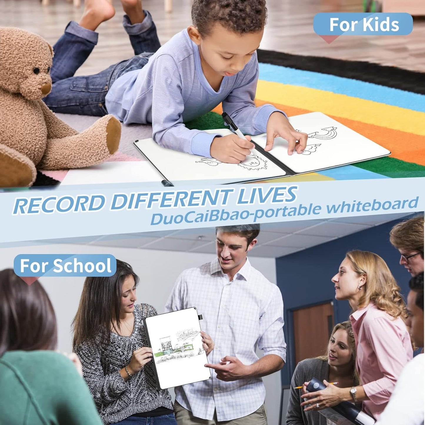 Mini Whiteboard 12"x9" Small White Board Dry Erase, Erasable Notebook Foldable Desk Whiteboard Holder Dry Erase Board, Office, Home, Travel, School, Portable (Blue)