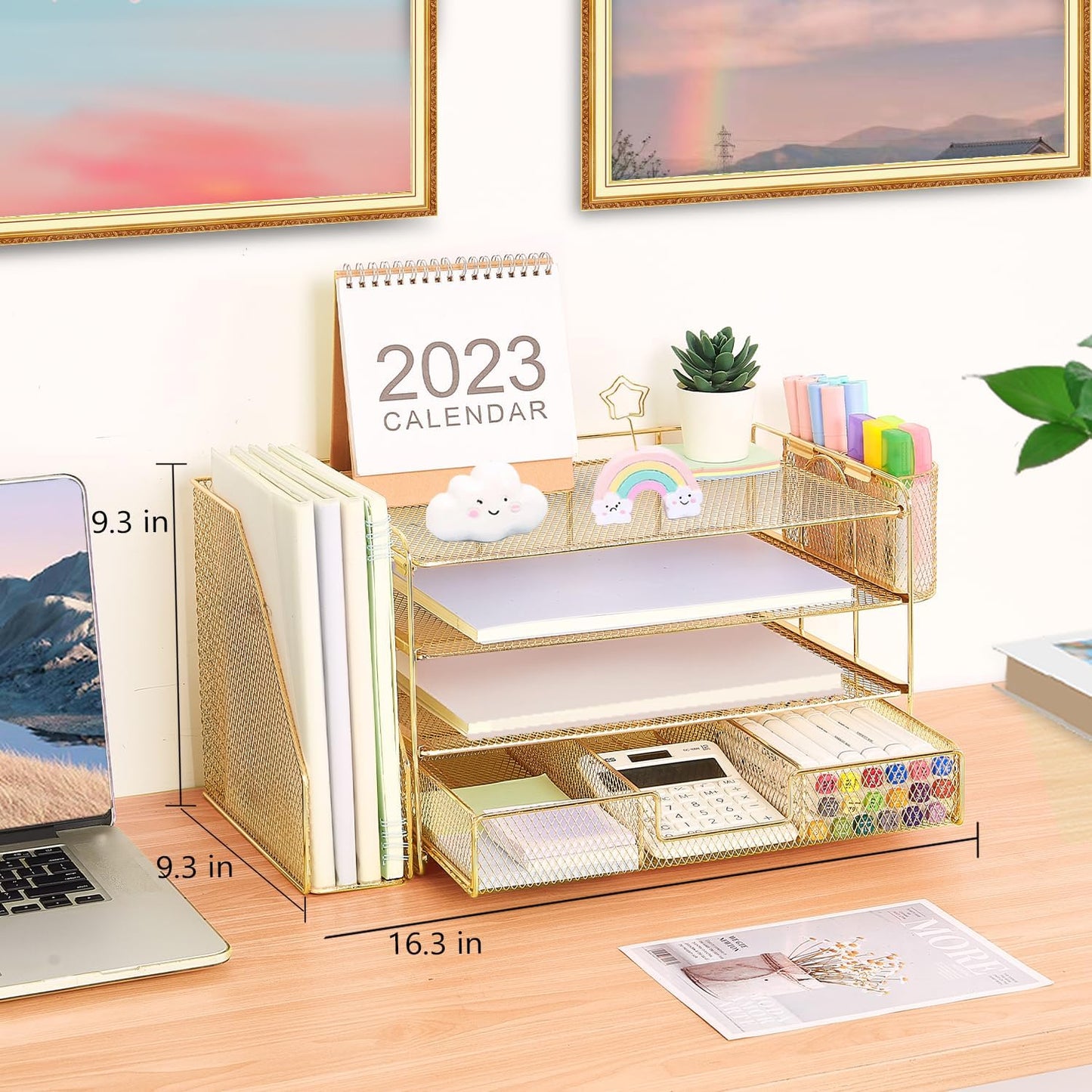 Desk Organizer and Accessories, 4-Tier Desktop File Organizer with Drawer and 2 Pen Holders, Office Desk Accessories for Office Supplies(Gold)