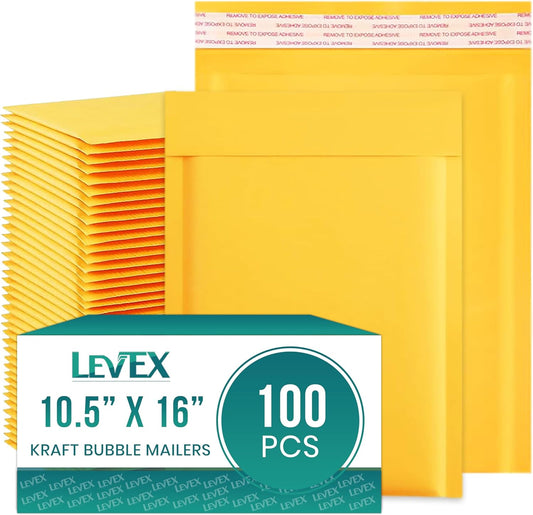Levex - #5 10.5" x 16 [100 Pack) Kraft Bubble Mailers, Padded Envelope Mailers, Packing Envelope & Mailing Bags for Shipping