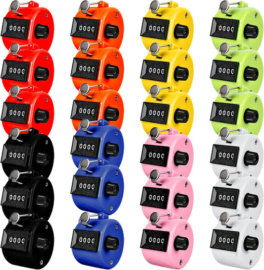 24 Pcs Hand Tally Counter 4 Digit Mechanical Finger Counter Clickers Resettable Handheld Palm Number Click for Lap Coaching Knitting Fishing Golf and Row