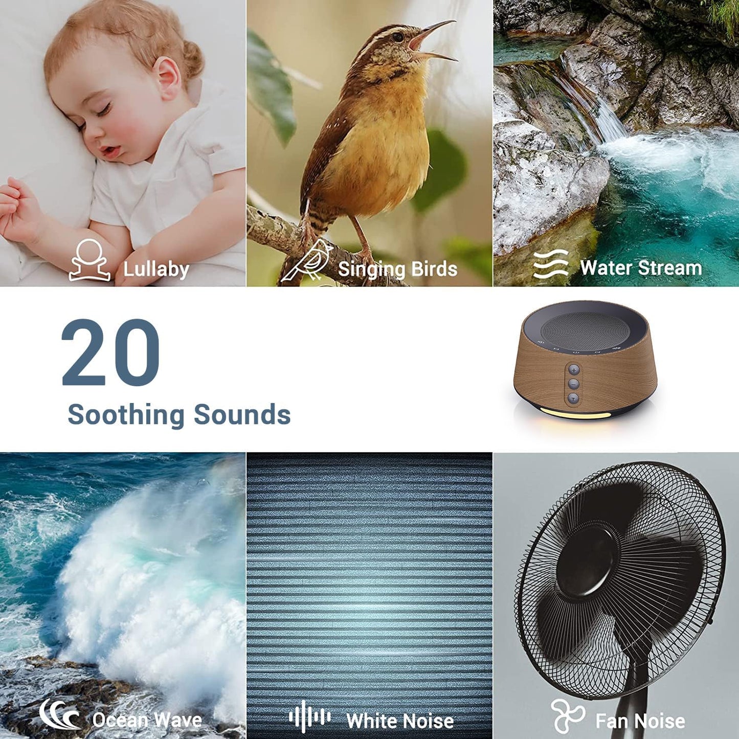 BGOVERSS White Noise Sound Machine with 20 Soothing Sounds, 10 Colors Night Light Sleep Machines Home Office Travel, 5 Timers and Memory Feature Sound Machine for Nursery Baby Kids Adults (Wood)