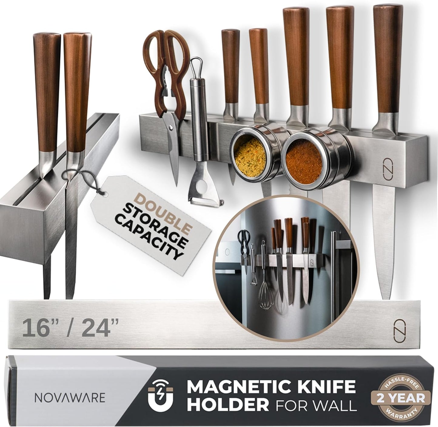 16" Magnetic Knife Holder for Refrigerator with 2x Storage - Safe, Patented Storage Design - Stainless Steel Double Sided Magnetic Kitchen Knife Holder for Fridge - Magnet Strip Utensil Organizer