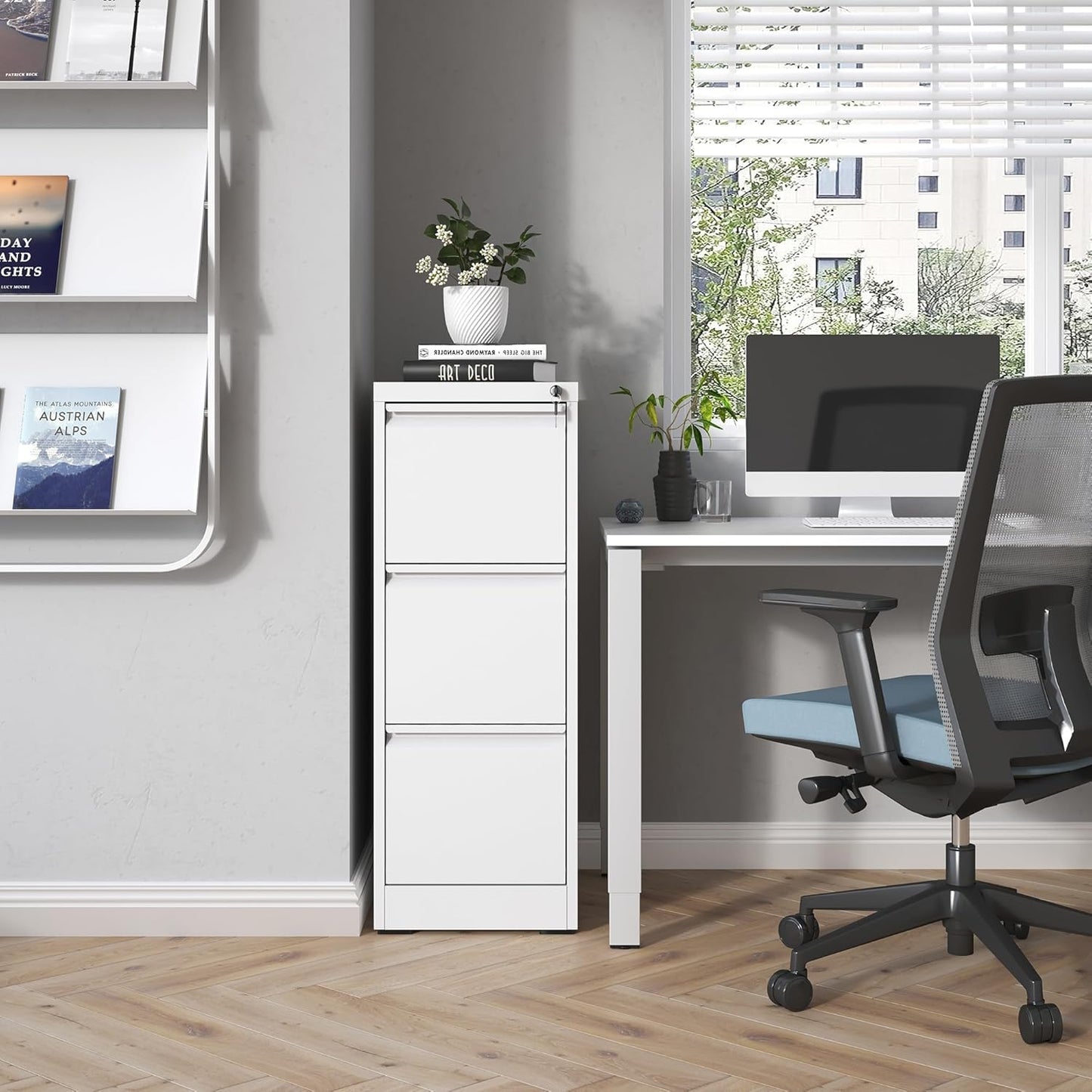 3 Drawer File Cabinet with Lock,Metal Vertical Filing Cabinets for Home Office,Heavy Duty File Storage Cabinet for Letter/Legal/A4/F4 Size File,Assembly Require (White, Vertical 3 Drawer)