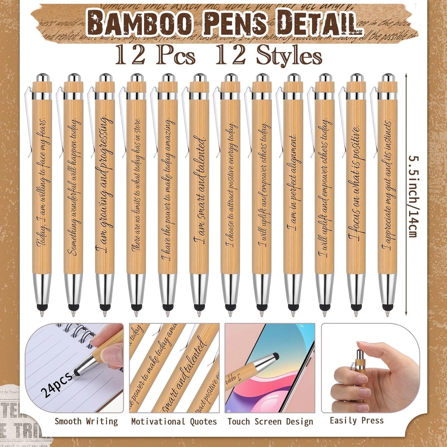 Pasimy 24 Pcs/12 Set Bulk Positive Affirmation Spiral Notebooks with Bamboo Pen Daily Affirmation Gift Set Motivational Encouragement Notepad Small Journals 5.5 x 3.9 Inch for Women Self Care