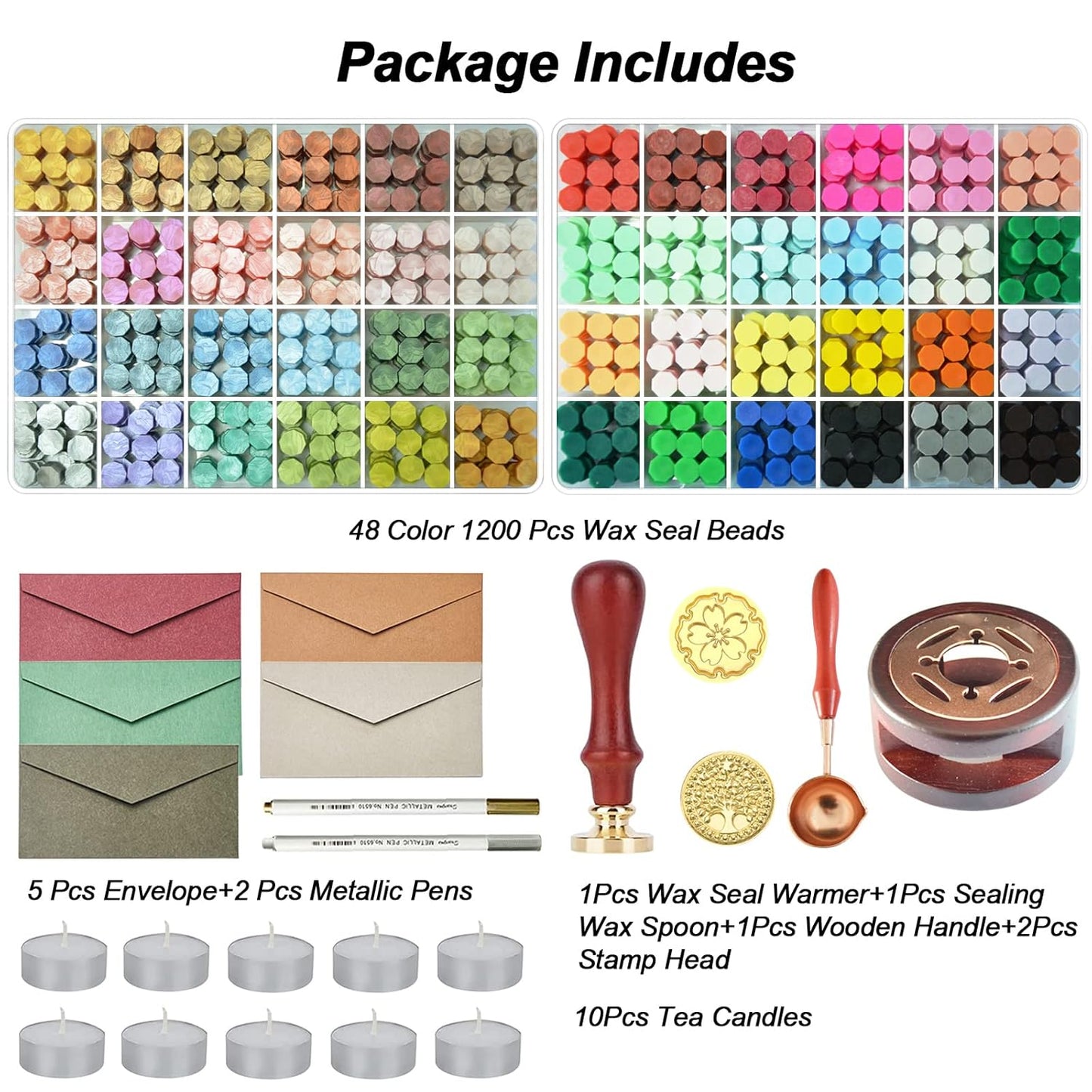 Wax Seal Stamp Kit with Gift Box,48 Color 1200 Pcs Sealing Wax Beads with 2 Pcs Seal Stamp,Warmer,Spoon,Metallic Pen and 10Pcs Tea Candles for Wedding Invitations Wrapping Christmas Letters