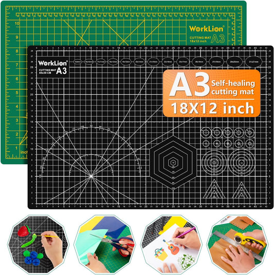 Worklion Self Healing Craft Mat: 18"x12" Rotary Cutting Mat for Sewing,Quilting,Leather,Craft,Fabric,Model,Art,Clay,5-layer 2-sided Cutting Mat, green and black