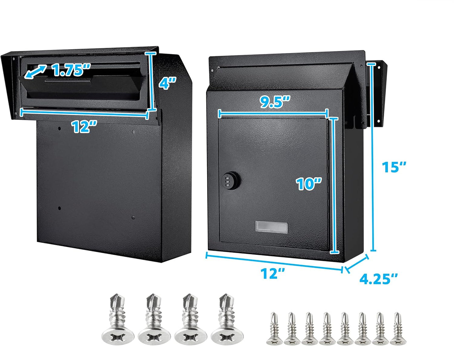 Rainproof Through The Door Key Drop Box, Galvanized Steel Heavy Duty Mailbox Safe Deposit Box, Locked Mail Drop Box with Combination Lock for Key and Payment, Black Mailbox